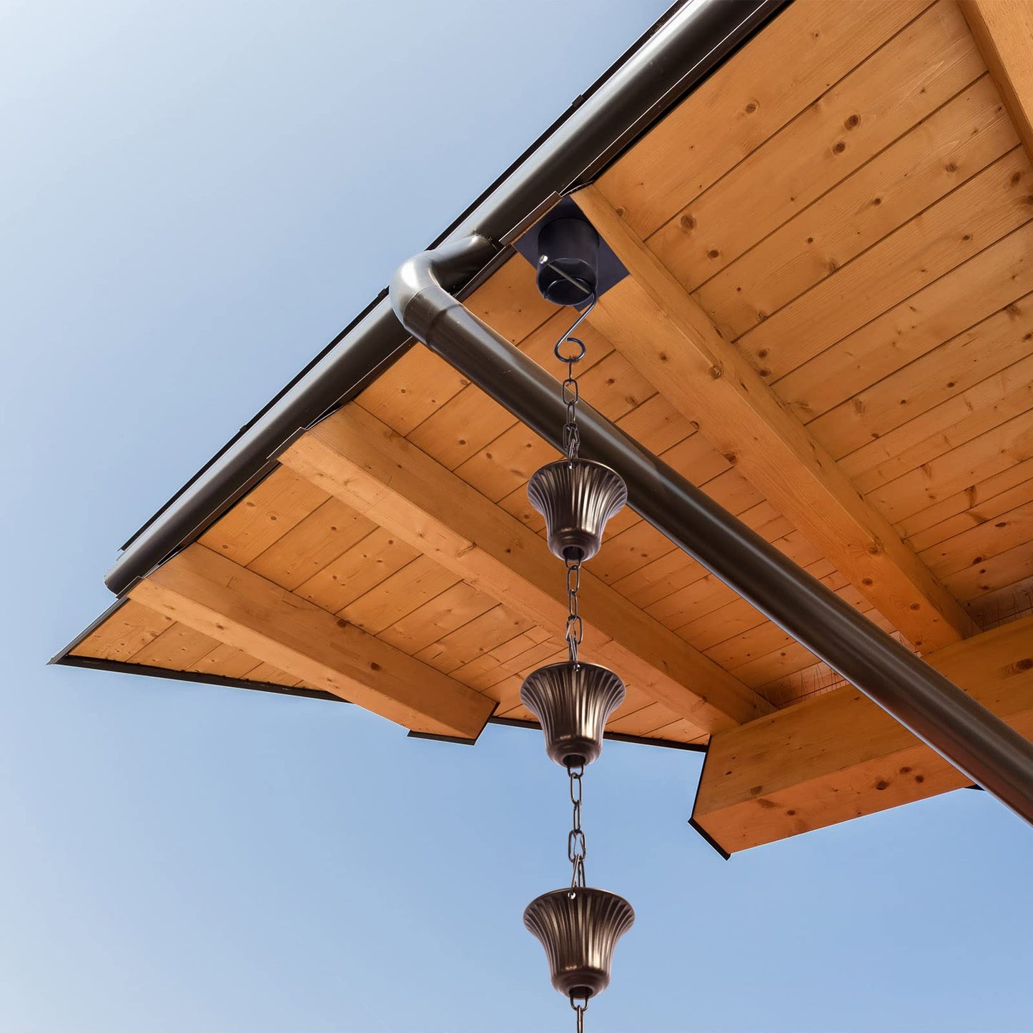 Rain Chain Bird Cage Set 8.5Ft, Not Rust Wrought Iron Rain Chains for Gutters with Adapter Gotta Drain and Sturdy Anchoring Stake,13 Cups, 1 Hook, Adjustable Length for Garden Decorative (Coffee)