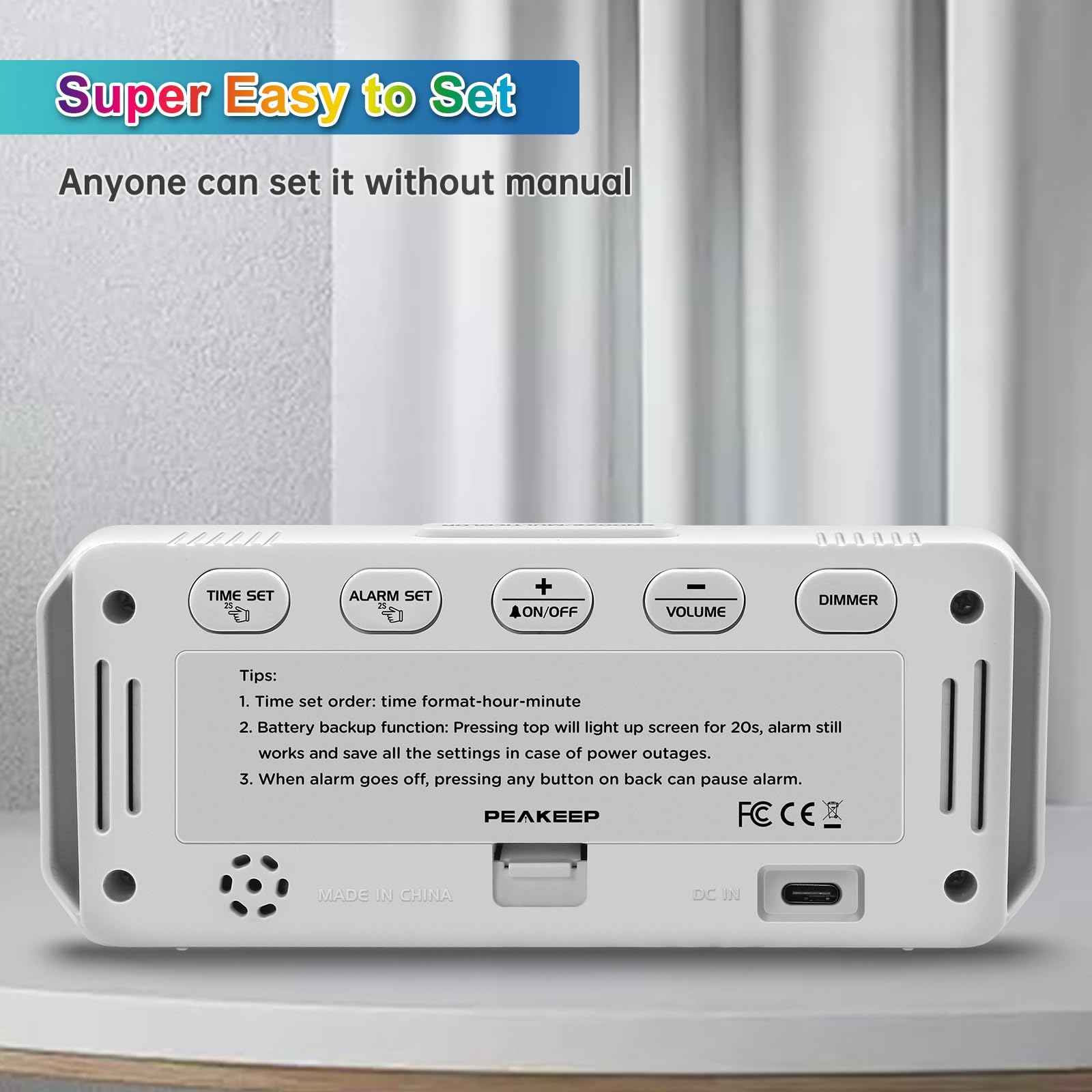 Peakeep Small Digital Alarm Clock Plug in for Bedrooms Bedside, Tiny Electric Clock Large Big Numbers Display with Battery Backup for Desk Table, 6 Dimmers, 5 Adjustable Alarm Volumes (Blue)