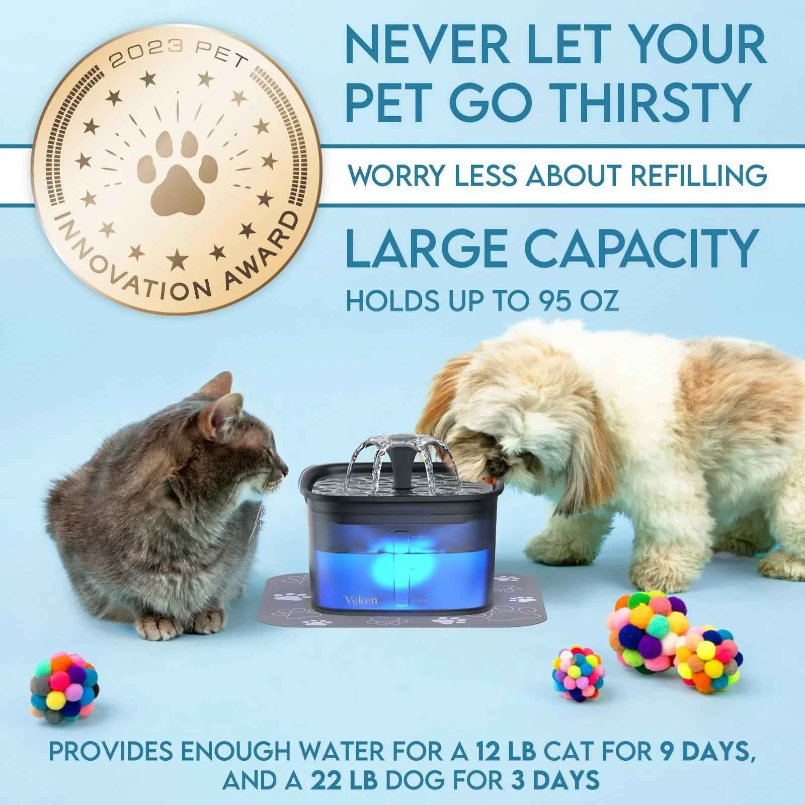 Veken Innovation Award Winner 95oz/2.8L Pet Fountain, Automatic Cat Water Fountain Dog Water Dispenser with Replacement Filters, Gifts for Christmas, Cats, Dogs, Multiple Pets (Grey, Plastic)
