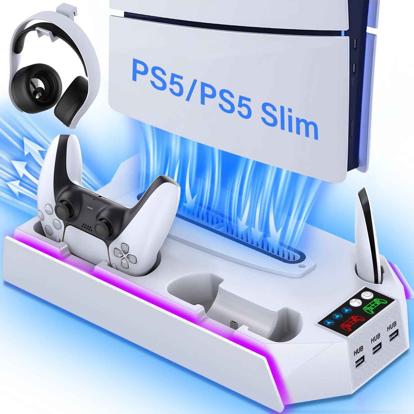 PS5/PS5 Slim/PS5 Pro Stand and Cooling Station with Dual Controller Charging Station for PlayStation 5 Console, PS5 Accessories Incl. Controller Charger, Cooling Fan, Headset Holder, 3 USB Hub, White