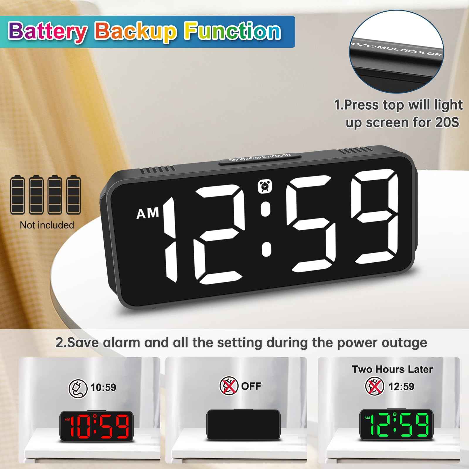 Peakeep Small Digital Alarm Clock Plug in for Bedrooms Bedside, Tiny Electric Clock Large Big Numbers Display with Battery Backup for Desk Table, 6 Dimmers, 5 Adjustable Alarm Volumes (Blue)