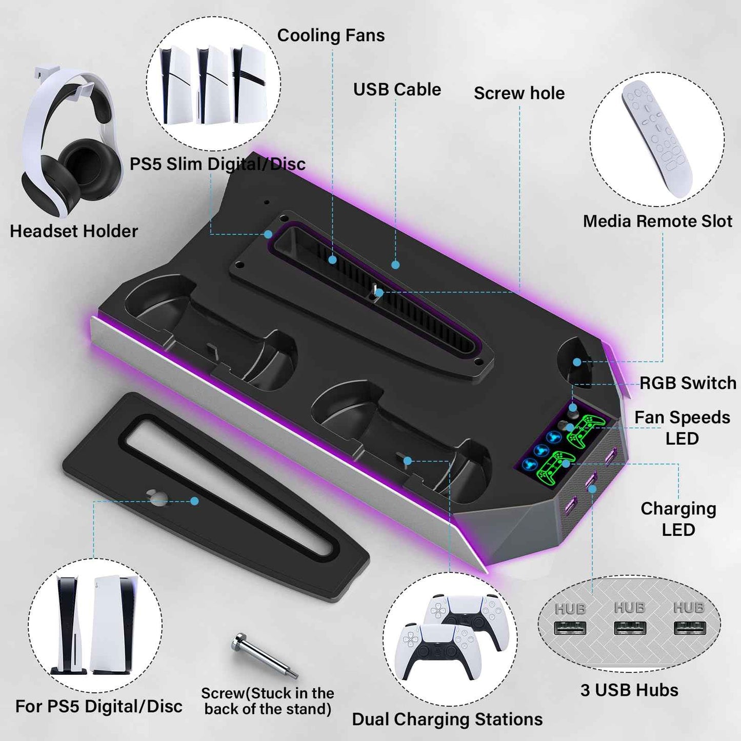 PS5/PS5 Slim/PS5 Pro Stand and Cooling Station with Dual Controller Charging Station for PlayStation 5 Console, PS5 Accessories Incl. Controller Charger, Cooling Fan, Headset Holder, 3 USB Hub, White