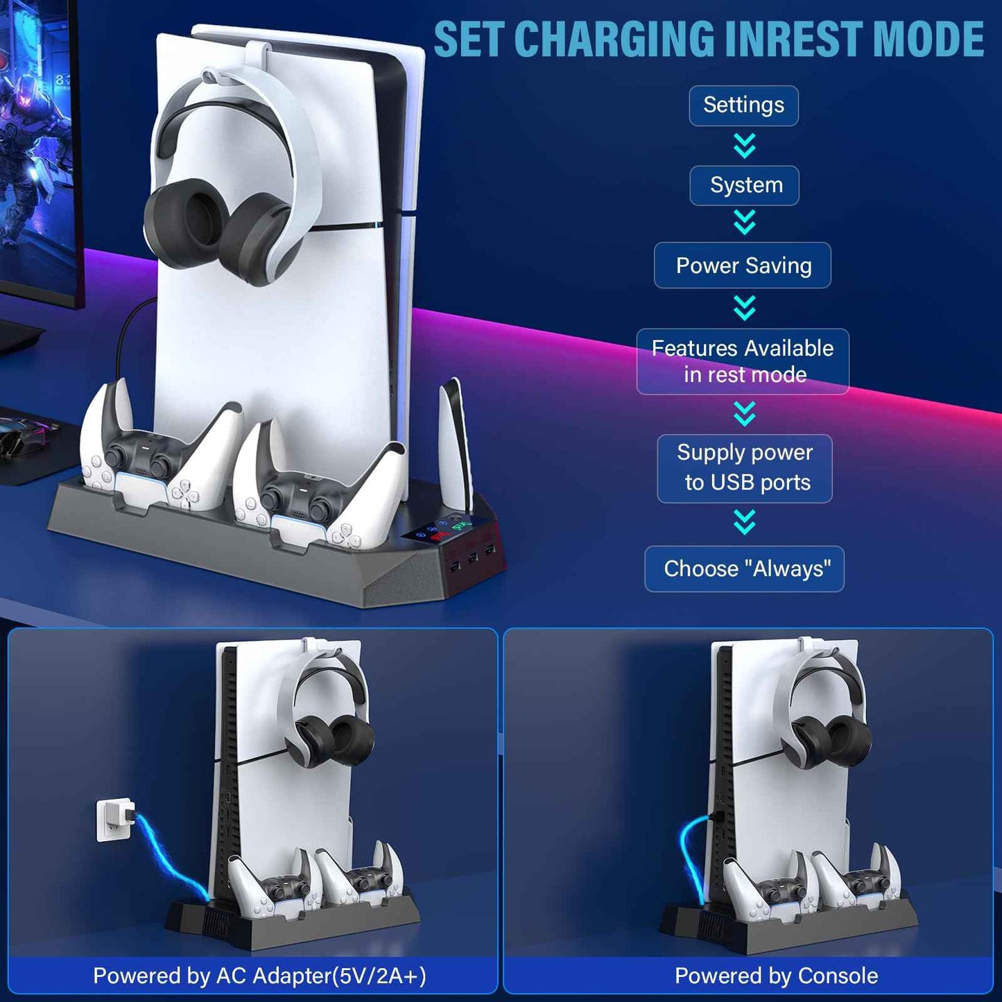 PS5/PS5 Slim/PS5 Pro Stand and Cooling Station with Dual Controller Charging Station for PlayStation 5 Console, PS5 Accessories Incl. Controller Charger, Cooling Fan, Headset Holder, 3 USB Hub, White