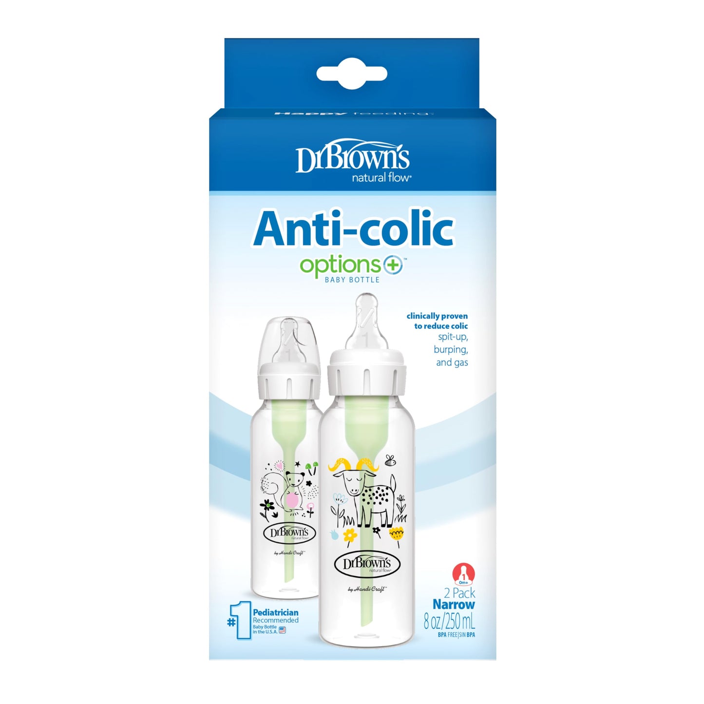 Dr. Brown's Natural Flow Anti-Colic Options+ Narrow Baby Bottle, Goat and Squirrel, 8 oz/250 mL, with Level 1 Slow Flow Nipple, BPA Free, 0m+, 2-Pack