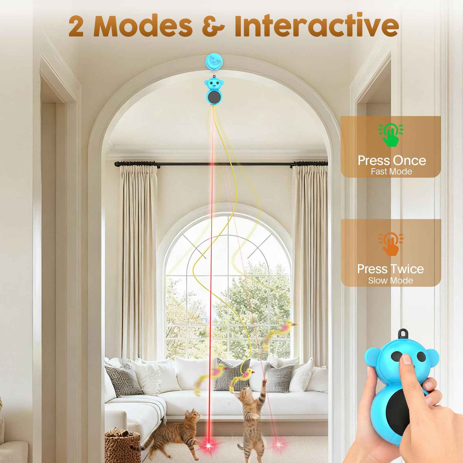 Interactive Cat Toys for Indoor Cats: 2 in 1 Laser Pointer Cat Toy with Automatic Flying Bird & Mouse Wand, Smart Motion Mode Adjustable Speed, USB Rechargeable Safe for Bored Kittens and Adult Cats