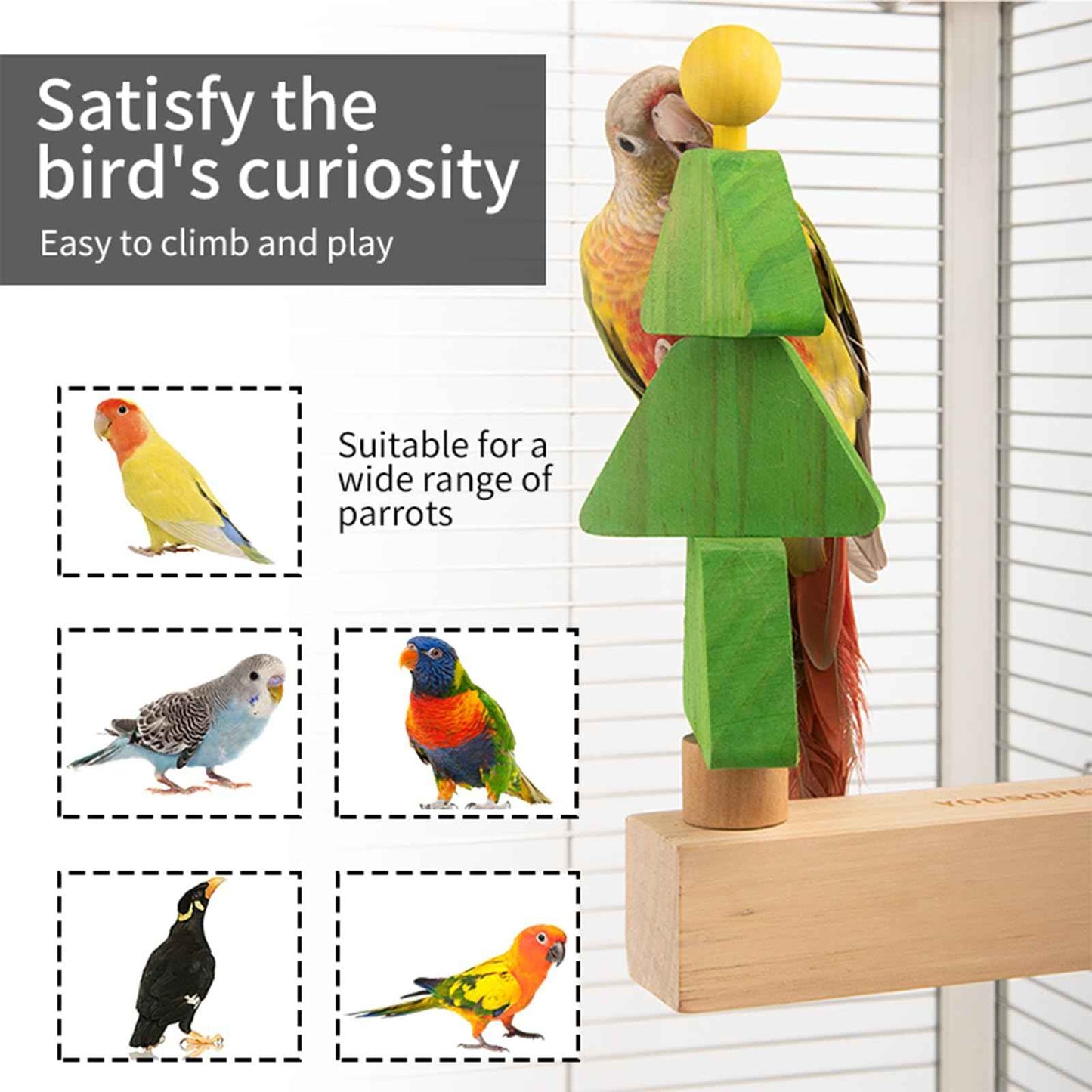 Bird toys & Bird Perch, Bird Wooden Block Chewing Toy Parrot Foraging & Puzzle Toys Bird Cage Accessories for Conures Parakeets Cockatiels Lovebirds African Grey Macaws (Revolving Christmas Tree)
