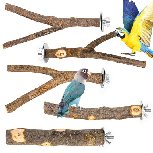 Natural Wood Bird Perches for Cage, Parrot Perch Stand & Platform, Bird Cage Accessories for Parakeets, Cockatiels, Conures, Lovebirds (Brown, Core Perch & Platform - 8PCS)