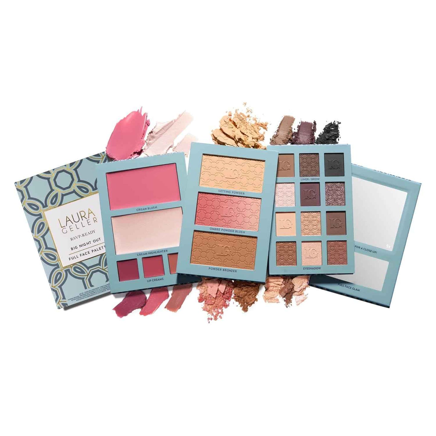 LAURA GELLER NEW YORK RSVP-Ready Big Night Out Full Face Travel Makeup Palette - All-in-One Set includes Eyeshadows, Eye Liners, Blush, Bronzer, Highlighter, Setting Powder, and Lip Creams