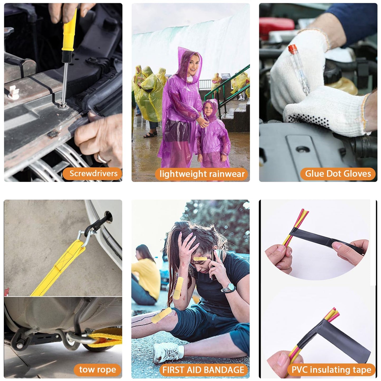 Car Roadside Emergency Kit, with Jumper Cables Automotive Kit,Car Safety Roadside Assistance Kit Headlamp,Tow Straps, Safety Hammers, Rainwear, Gloves.Black