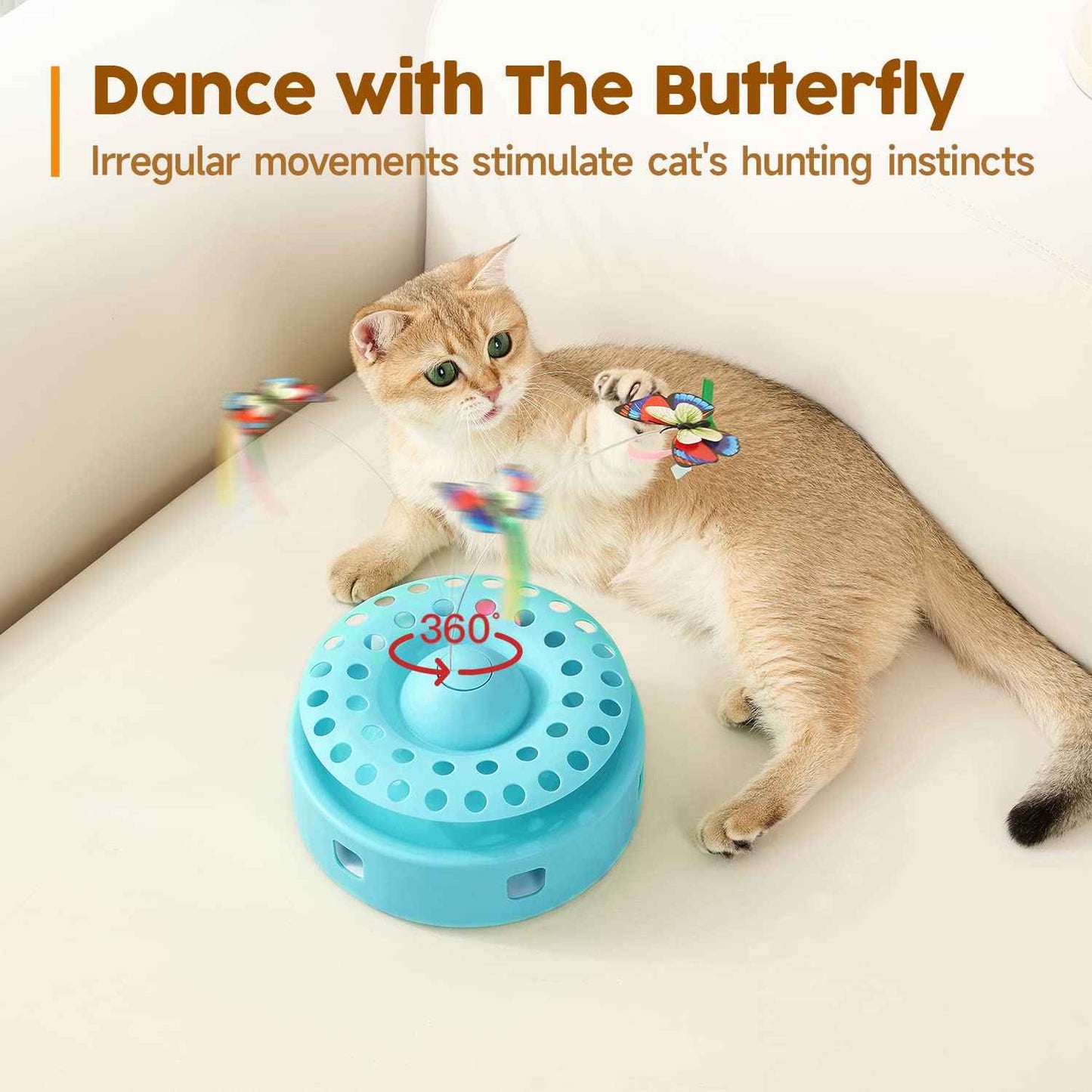 Potaroma Cat Toys 3in1 Automatic Interactive Kitten Toy, Fluttering Butterfly, Moving Feather, Track Balls, Dual Power Supplies, USB Powered, Indoor Exercise Kicker (Bright White)