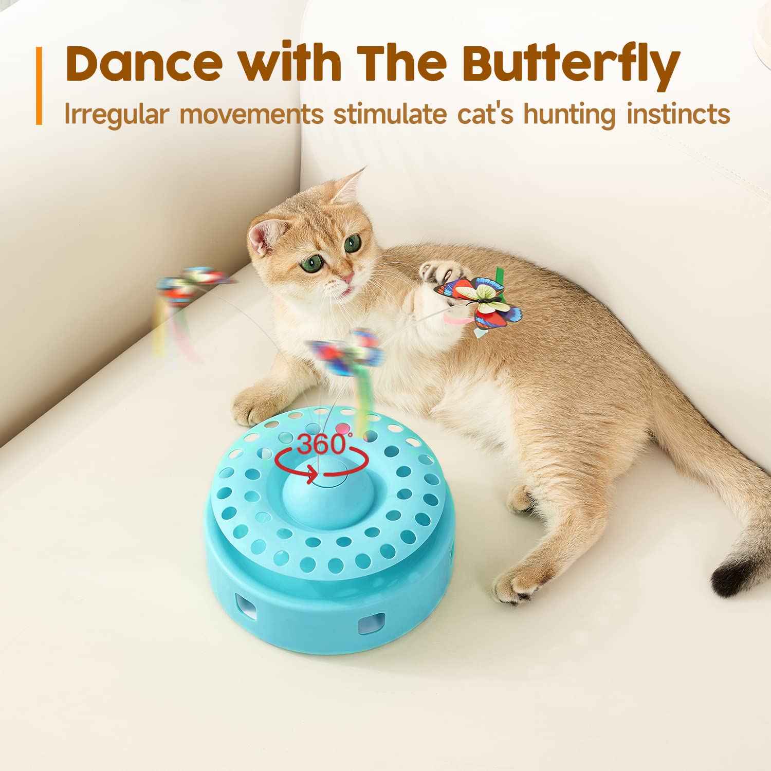 Potaroma Cat Toys 3in1 Automatic Interactive Kitten Toy, Fluttering Butterfly, Moving Feather, Track Balls, Dual Power Supplies, USB Powered, Indoor Exercise Kicker (Bright White)