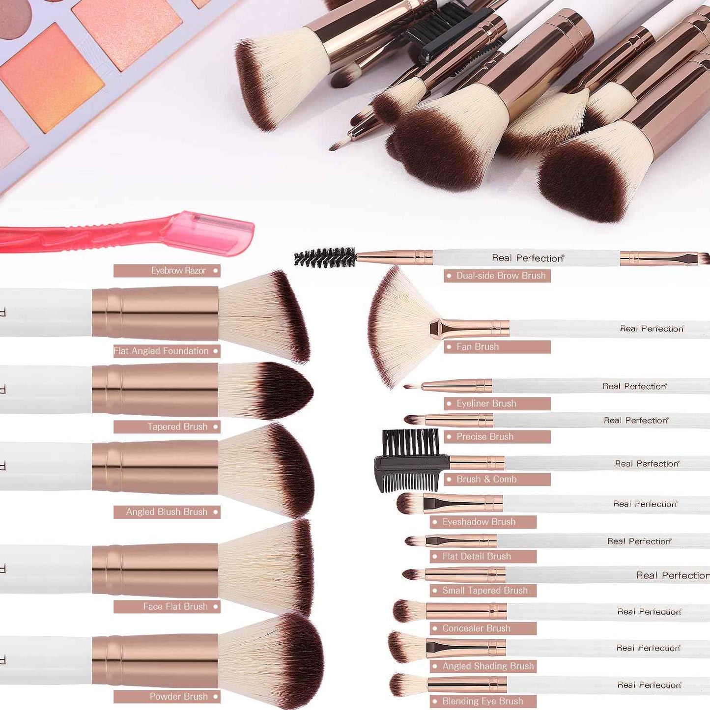 Real Perfection Makeup Brush Set 16 Pcs with 1 Eyebrow Razor Premium Synthetic Foundation Powder Concealers Eyeshadow Blush Makeup Brushes Make up Brushes Kit (Pink)