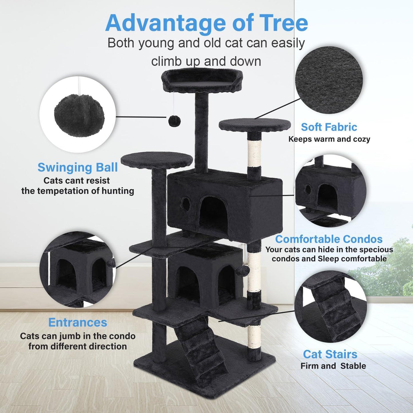 FDW Cat Tree 54in Cat Tower Multi-Level Durable Cat Scratching Post & Cozy Fun Cat Jumping Platform Space Saving Cat Condo Pet Play House for Indoor Cats,Dark Gray jlhbookstore.store