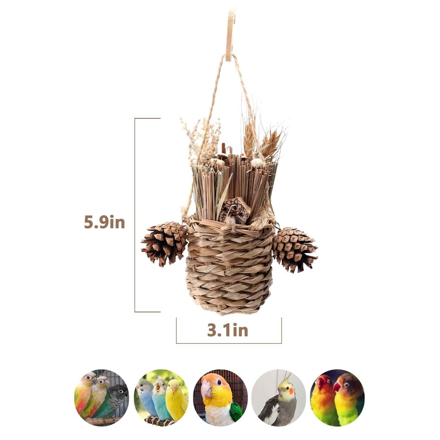 Natural Bird Chew Toys Shreddable Toys Made of Seagrass, Timothy Grass & Corn Leaves with Wood Hook for Cockatiels, Parakeets, Small Medium Birds (Pinecone Woven Basket)