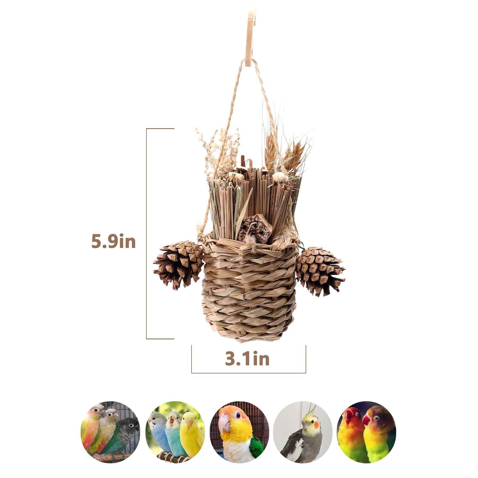 Natural Bird Chew Toys Shreddable Toys Made of Seagrass, Timothy Grass & Corn Leaves with Wood Hook for Cockatiels, Parakeets, Small Medium Birds (Pinecone Woven Basket)