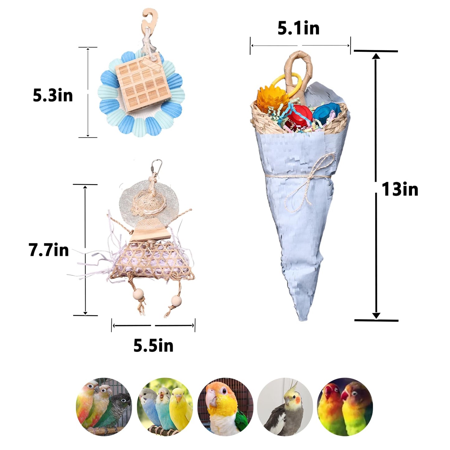 Parrot Chew Toys Set - Natural Wood & Loofah Toys with Plant-Based Dyes, 3 Pack Bird Chew Toys for Cockatiels, Conures & Small Parrots for Cage Enrichment (3 Pieces of Blue Series)