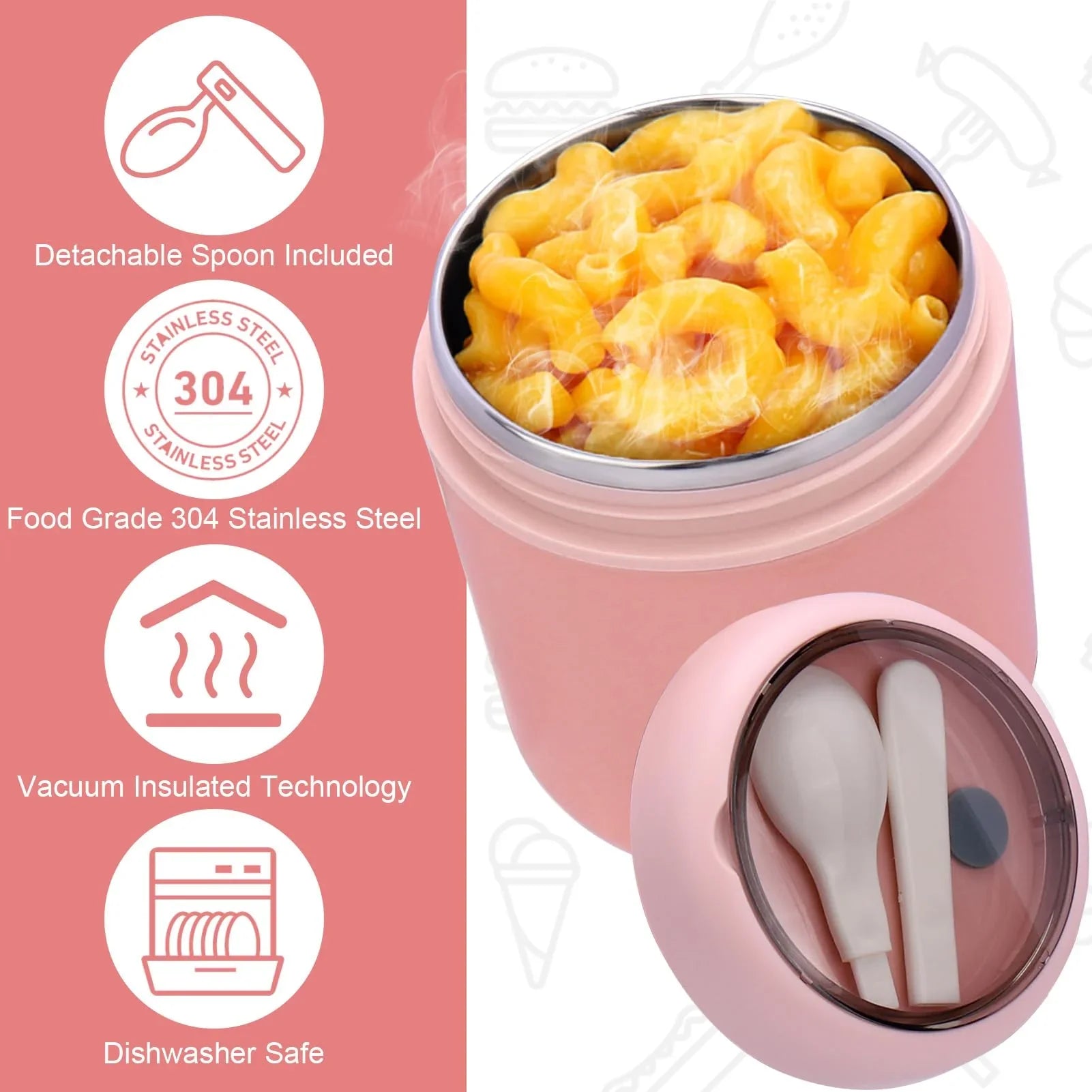 Juome 16oz Kids Thermo for Hot Food - Insulated Vacuum Food Jar Container, Wide Mouth Stainless Steel Soup Thermo Lunch Box for Kids with Spoon, Leakproof (Pink) - Jlhbookstore.store