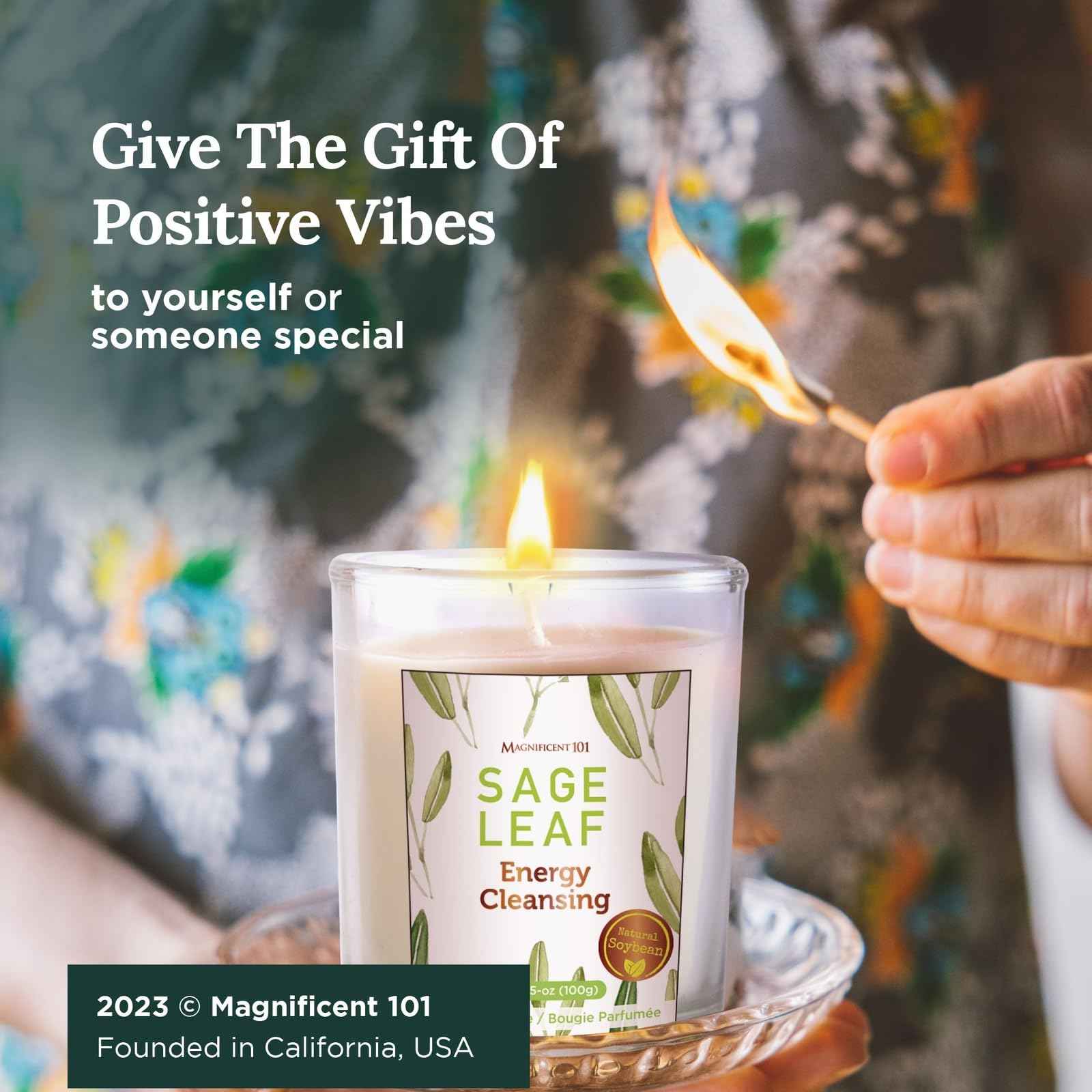 Magnificent 101 Set of 3 Long Lasting Pure Sage Smudge Candles - 42 Hour Burn, 3.5 Oz Each, Made with Soy Wax and Herb, Ideal for House Energy Cleansing, Meditation & Manifestation