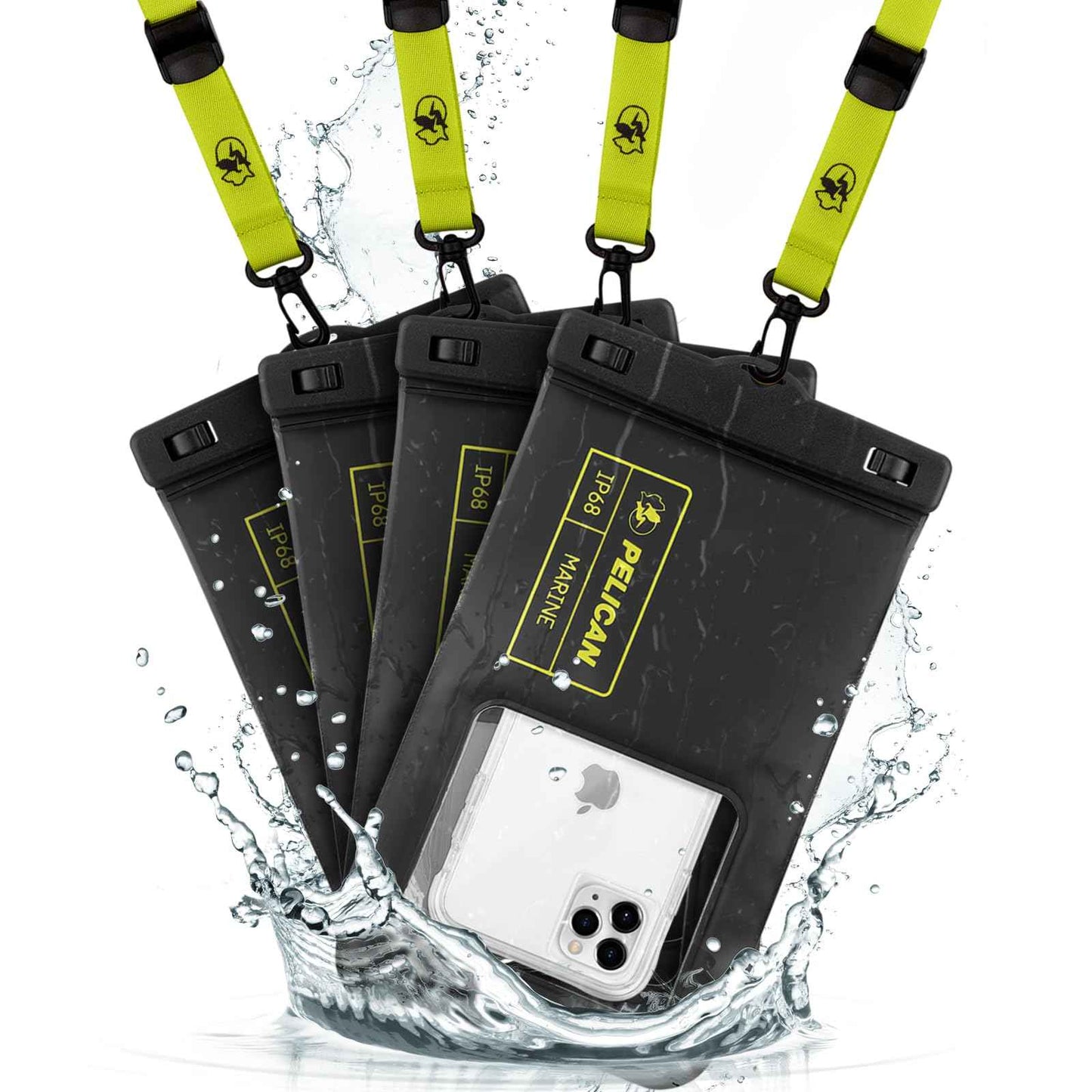 Pelican 2 Pack Marine - IP68 Waterproof Phone Pouch (Regular Size) Floating Waterproof Phone Case - Beach Cruise Ship Travel Essentials - Works w/All Phones - Detachable Lanyard - Black/Hi-Vis Yellow