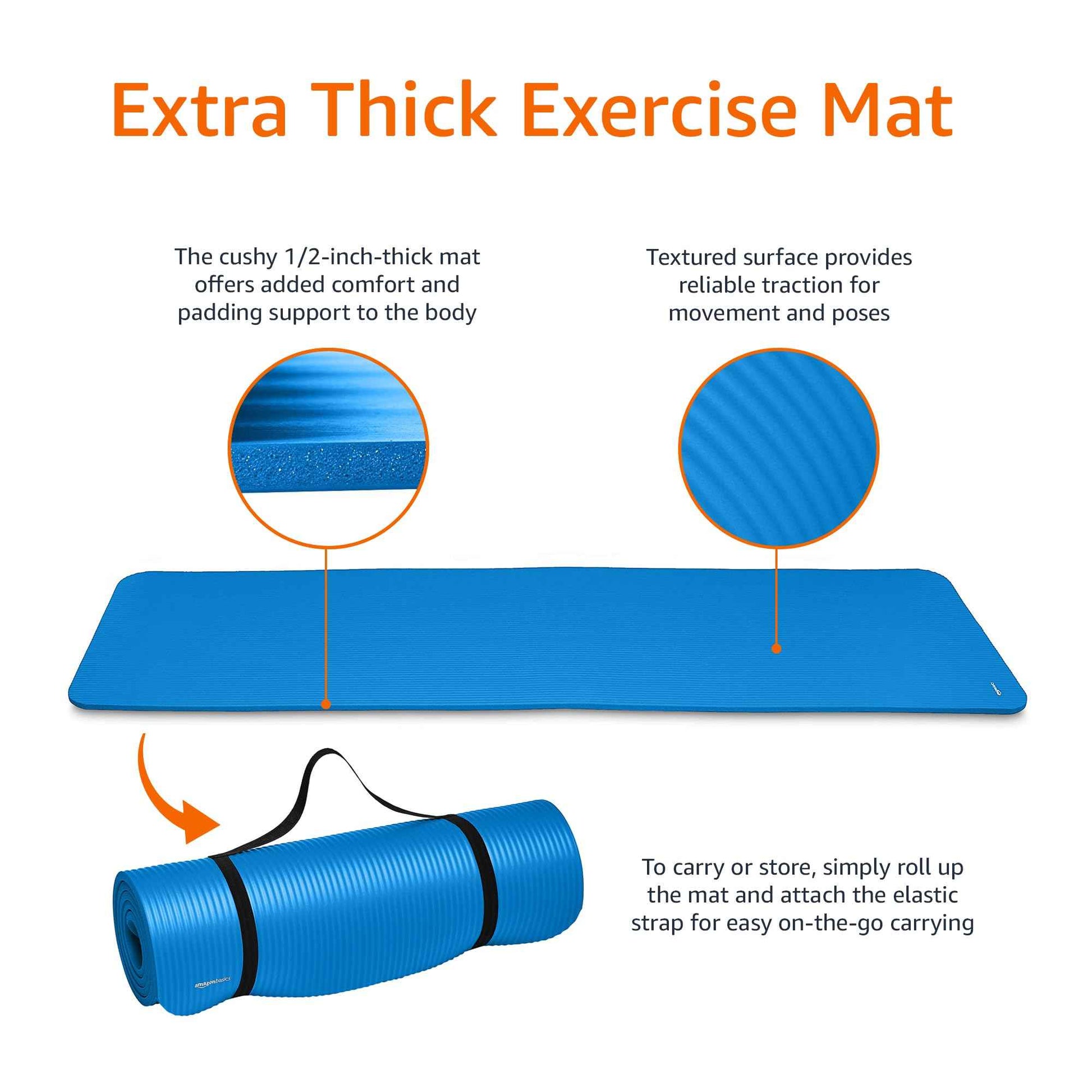 Amazon Basics 1/2 Inch Extra Thick Exercise Yoga Mat with Carrying Strap, Cushioned Support, for Fitness and Gym Workouts