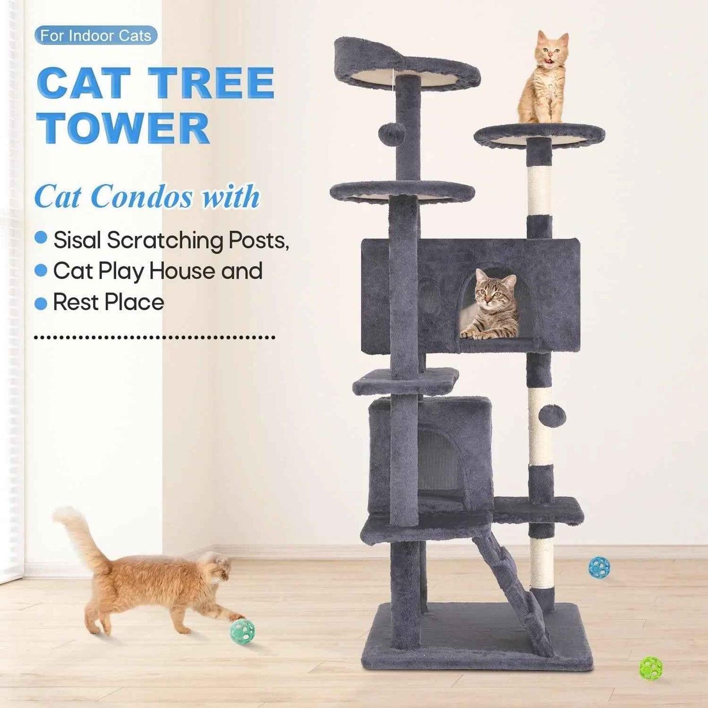 FDW Cat Tree 54in Cat Tower Multi-Level Durable Cat Scratching Post & Cozy Fun Cat Jumping Platform Space Saving Cat Condo Pet Play House for Indoor Cats,Dark Gray