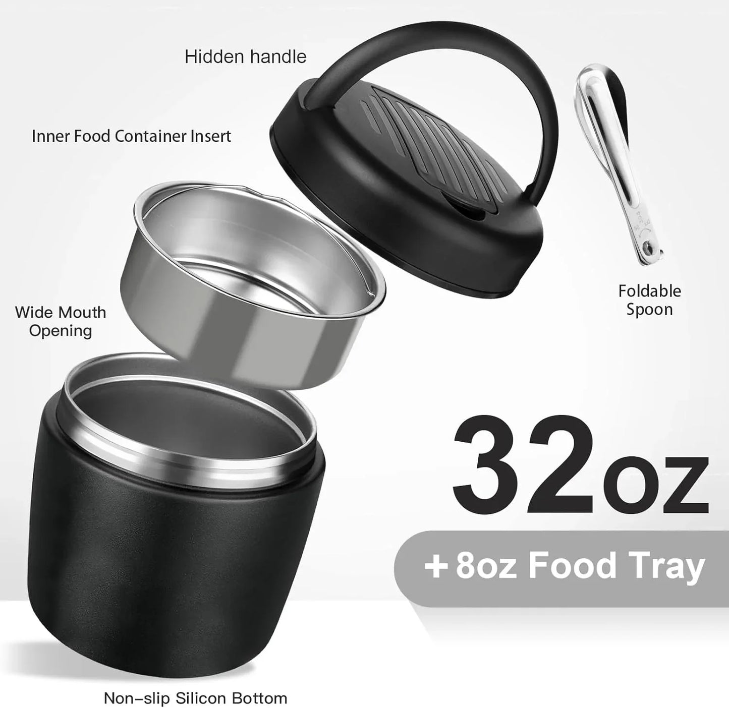 Thermo for Hot Food 40oz, Vacuum Insulated Food Jar for Adults, Stainless Steel Soup Thermo Wide Mouth Leakproof Lunch Containers with Spoon for School Office (Black) - Jlhbookstore.store