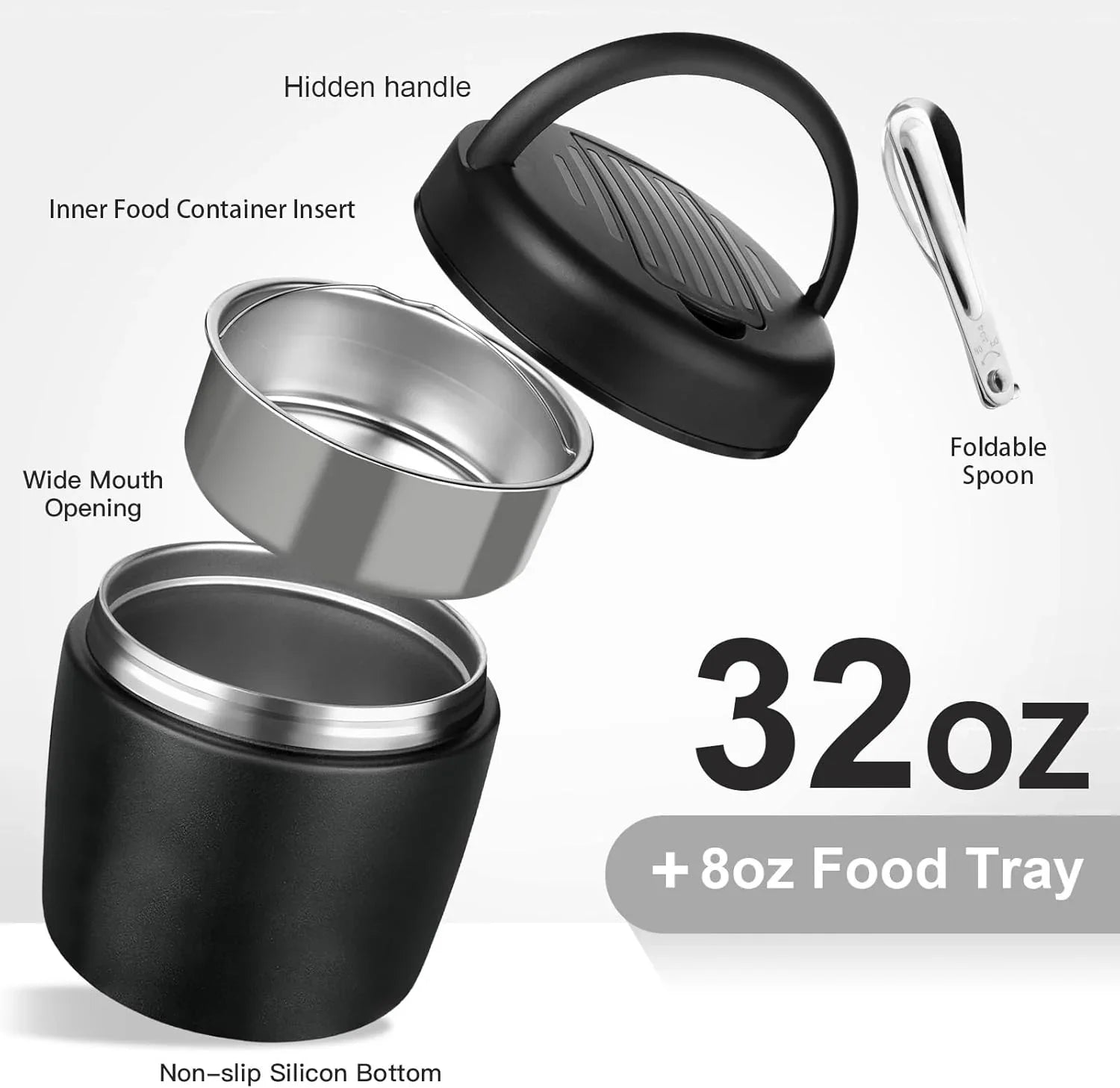 Thermo for Hot Food 40oz, Vacuum Insulated Food Jar for Adults, Stainless Steel Soup Thermo Wide Mouth Leakproof Lunch Containers with Spoon for School Office (Black) - Jlhbookstore.store