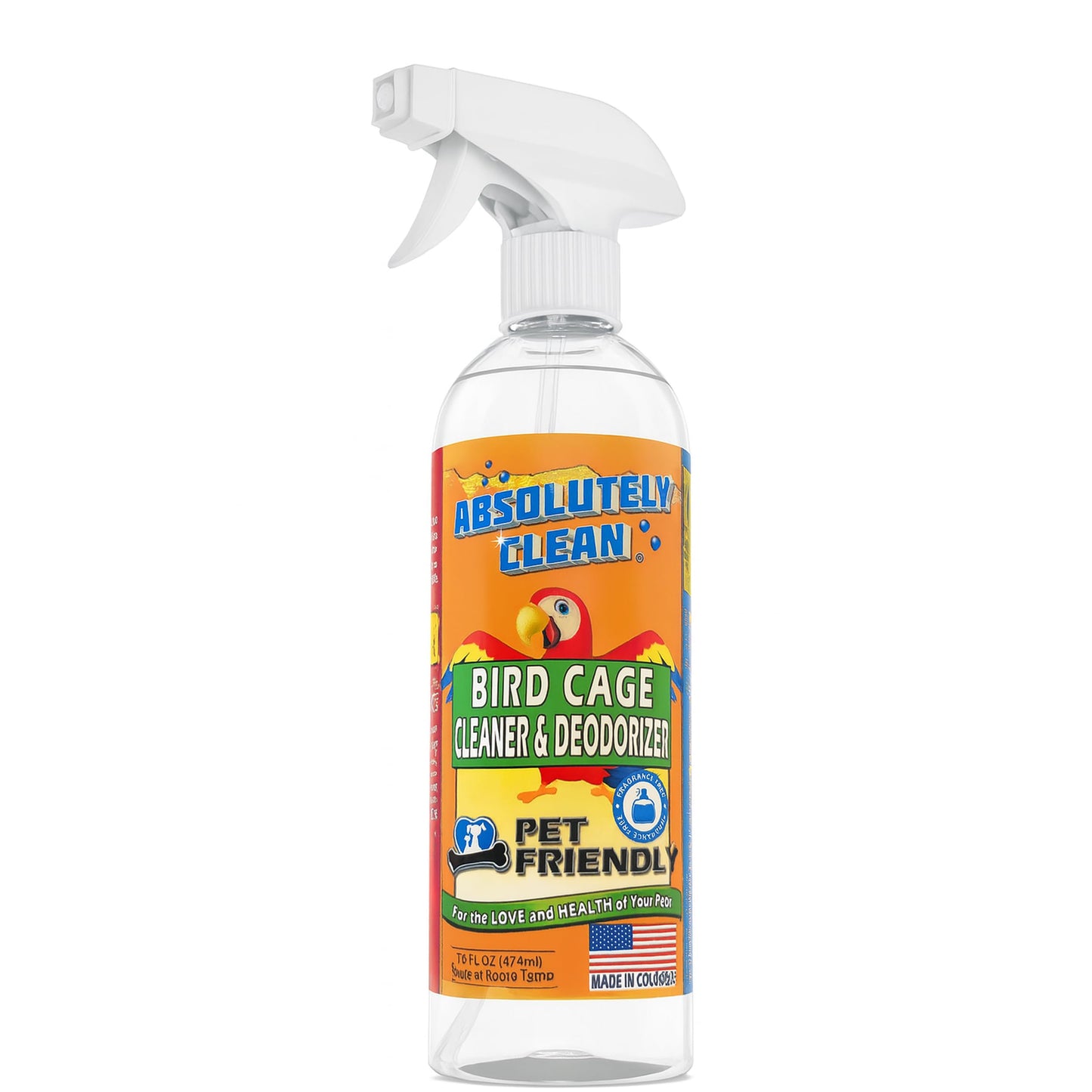 Absolutely Clean Amazing Bird Cage Cleaner and Deodorizer - Just Spray/Wipe - Safely & Easily Removes Bird Messes Quickly and Easily - Made in The US - Fragrance Free (16oz Pack of 1)