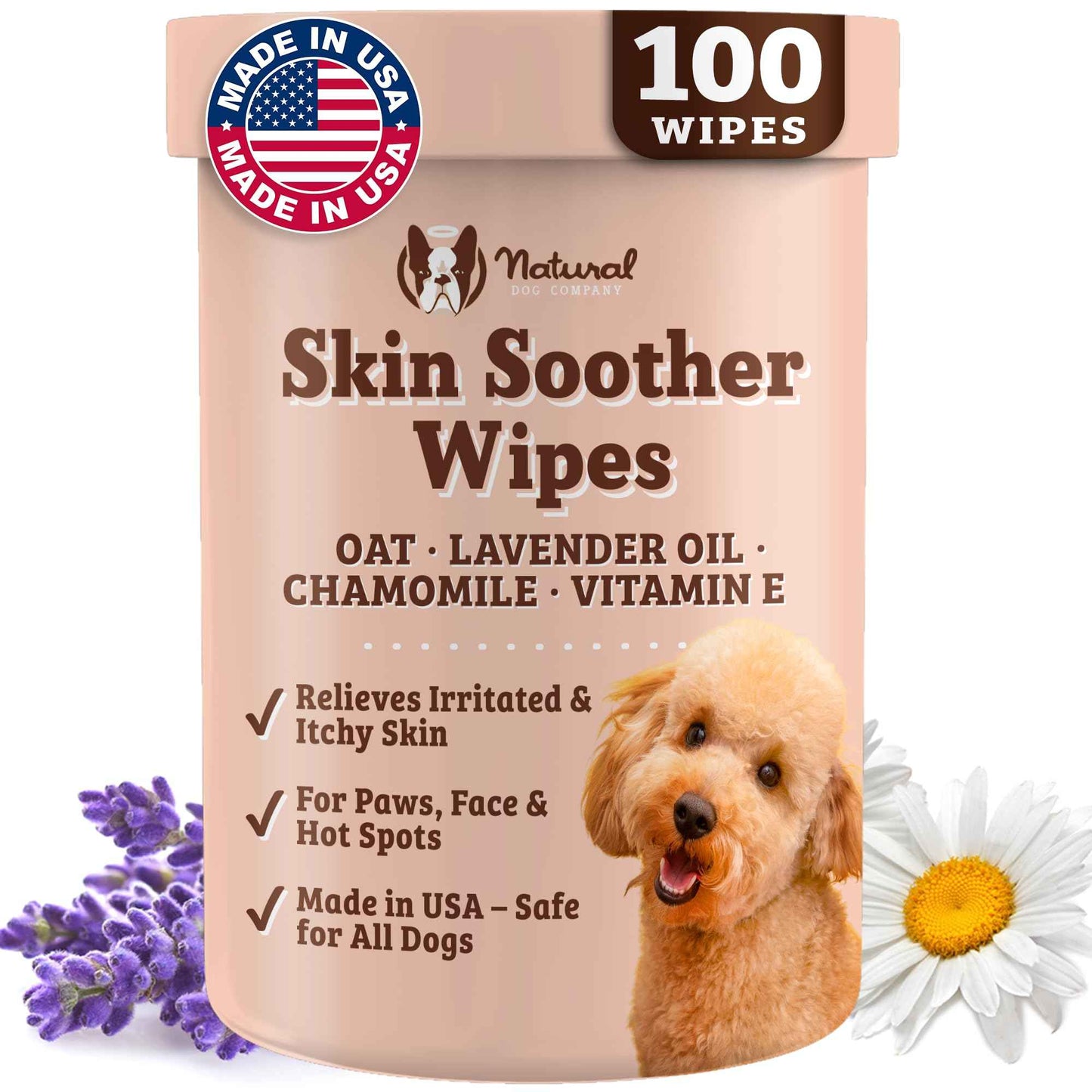 Natural Dog Company Wrinkle Wipes for Dogs, 100 Count, Hypoallergenic Dog Wipes, Wrinkle Wipes French Bulldog, Cleaning & Deodorizing, Dog Wipes for Grooming Faces, Paws & Butts