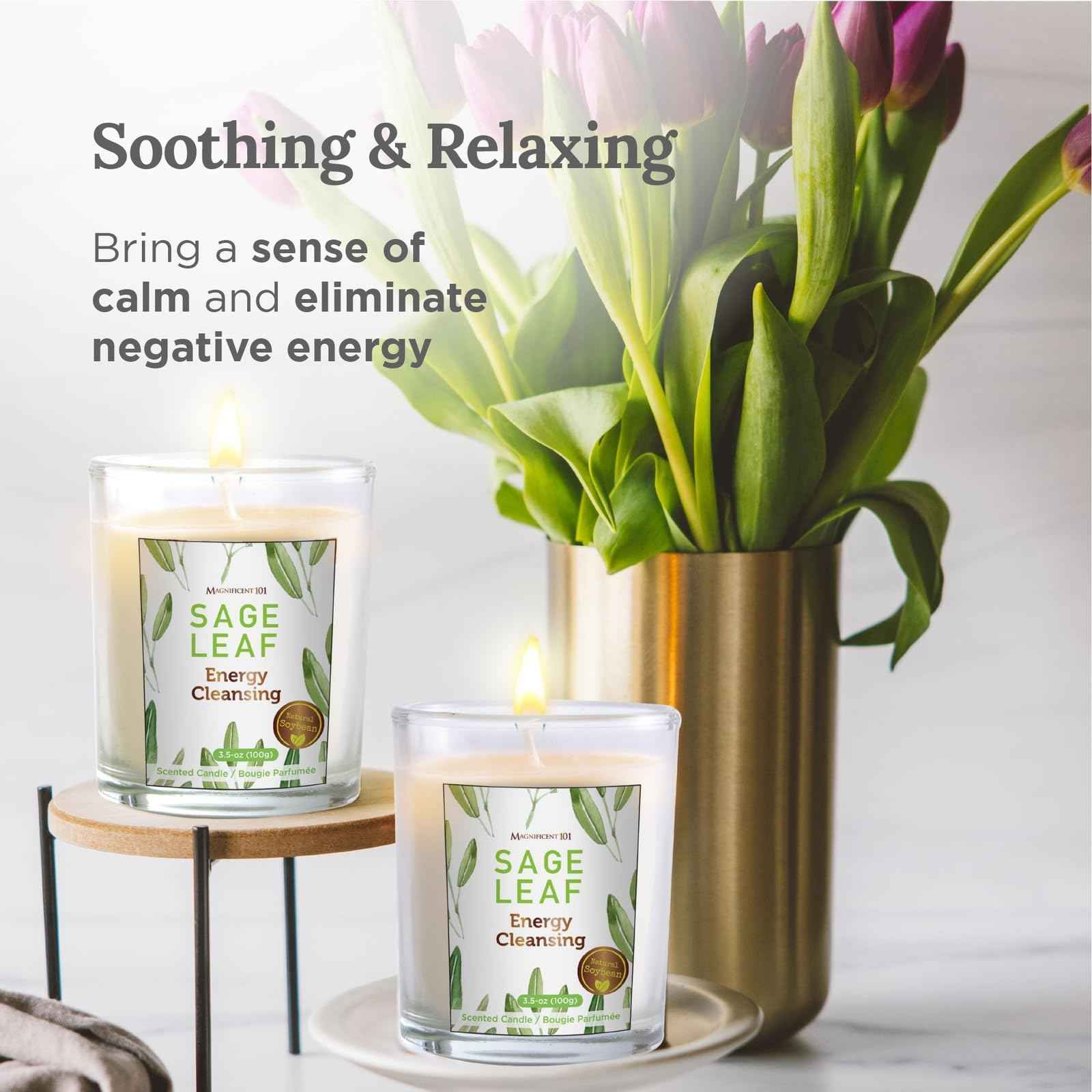 Magnificent 101 Set of 3 Long Lasting Pure Sage Smudge Candles - 42 Hour Burn, 3.5 Oz Each, Made with Soy Wax and Herb, Ideal for House Energy Cleansing, Meditation & Manifestation