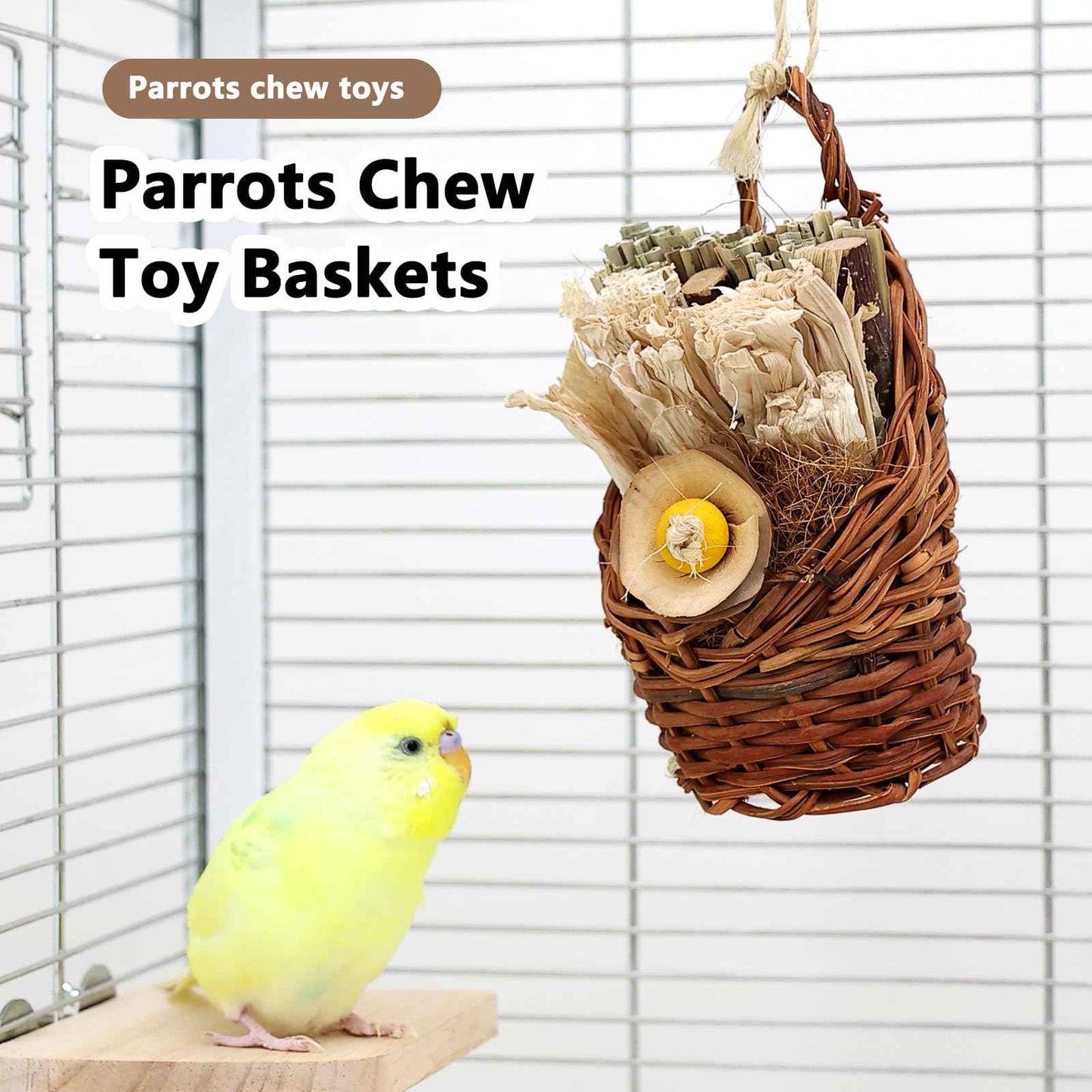 Natural Bird Chew Toys Shreddable Toys Made of Seagrass, Timothy Grass & Corn Leaves with Wood Hook for Cockatiels, Parakeets, Small Medium Birds (Pinecone Woven Basket)