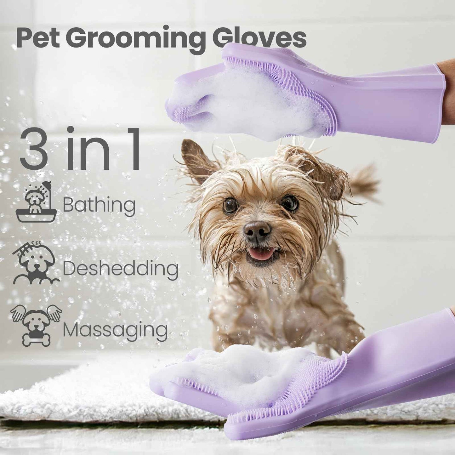 DELOMO Dog Washing Gloves 1 Pair: Soft and Gentle Silicone Pet Grooming Gloves - Bathing Scrubber Brush Mitt Grooming Shedding Fur Removal Massage for Dogs/Cats/Horse, Purple