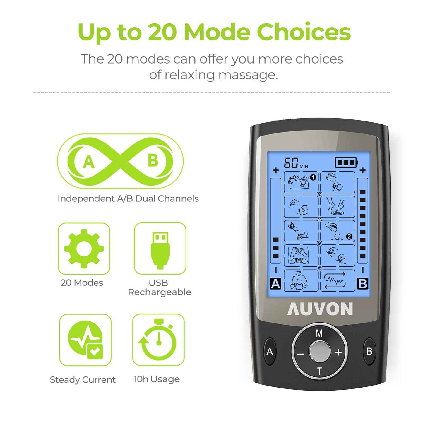 AUVON Dual Channel TENS Unit Muscle Stimulator Machine with 20 Modes, 2" and 2"x4" TENS Unit Electrode Pads