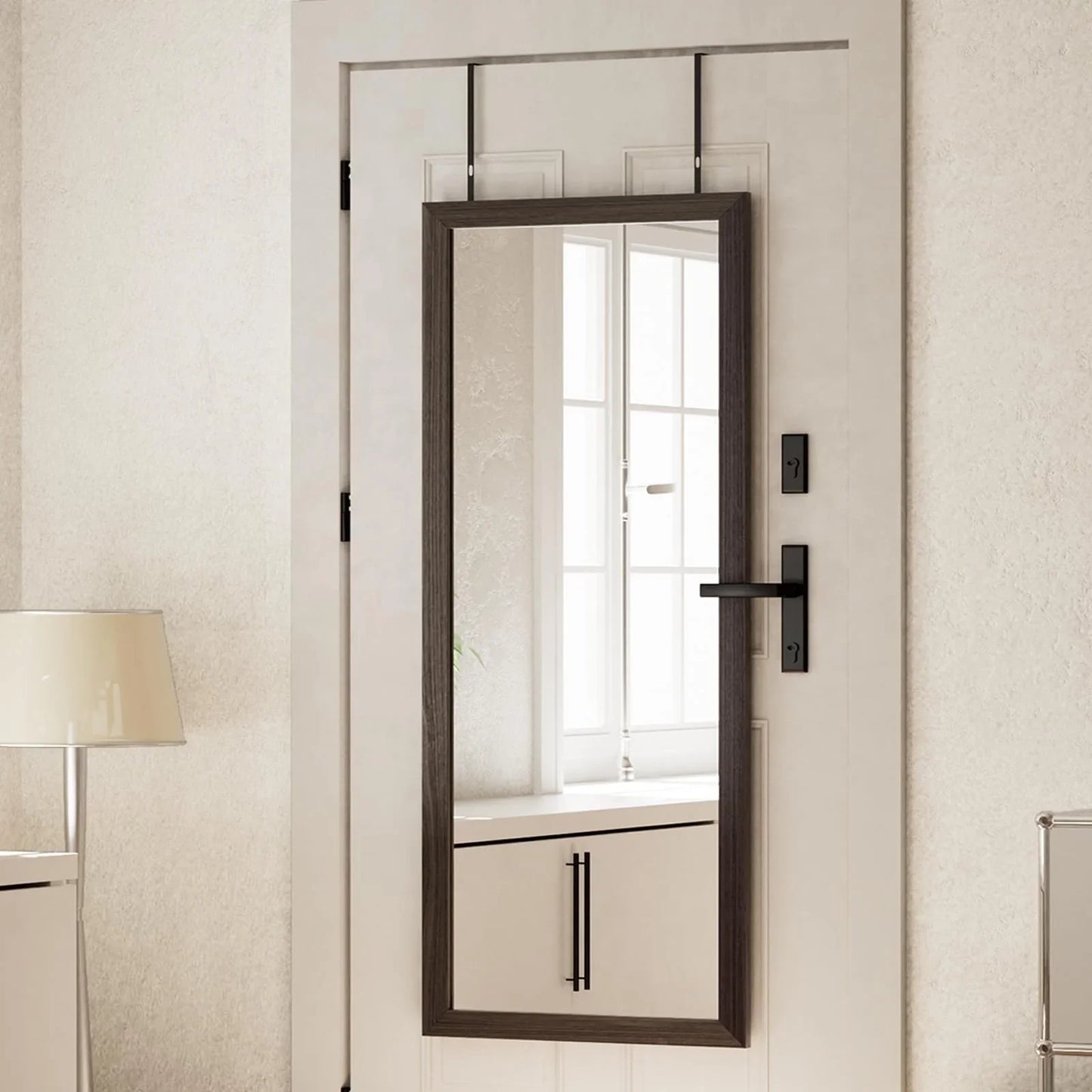 VooBang 14"x48" Full Length Over The Door Mirror - Aluminum Alloy Frame Full Body Mirror with Height-Adjustable Hangers, Hanging Leaning Against Wall for Dorm, Black - Jlhbookstore.store