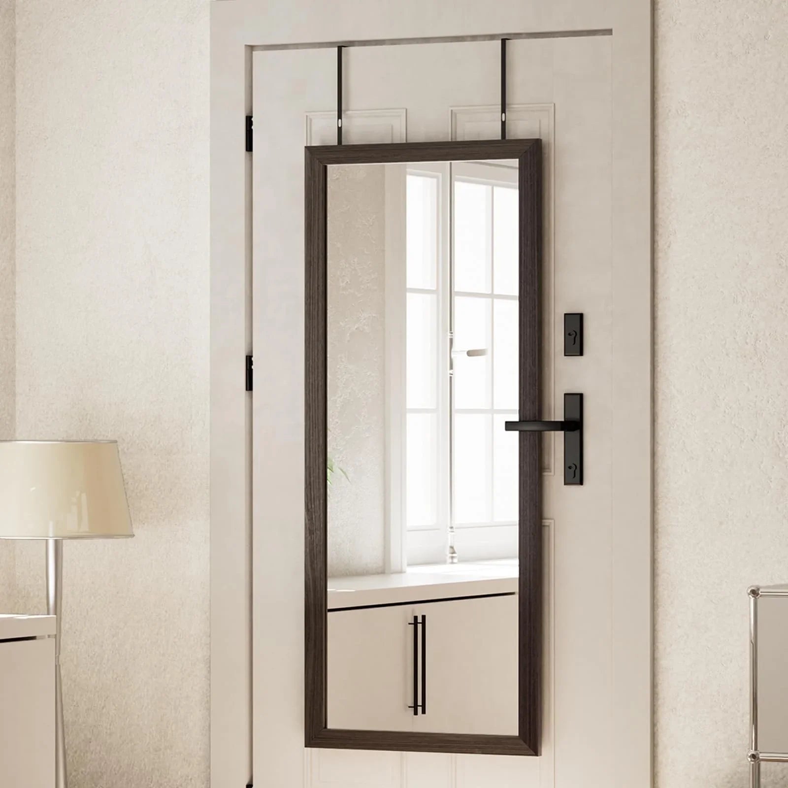 VooBang 14"x48" Full Length Over The Door Mirror - Aluminum Alloy Frame Full Body Mirror with Height-Adjustable Hangers, Hanging Leaning Against Wall for Dorm, Black - Jlhbookstore.store