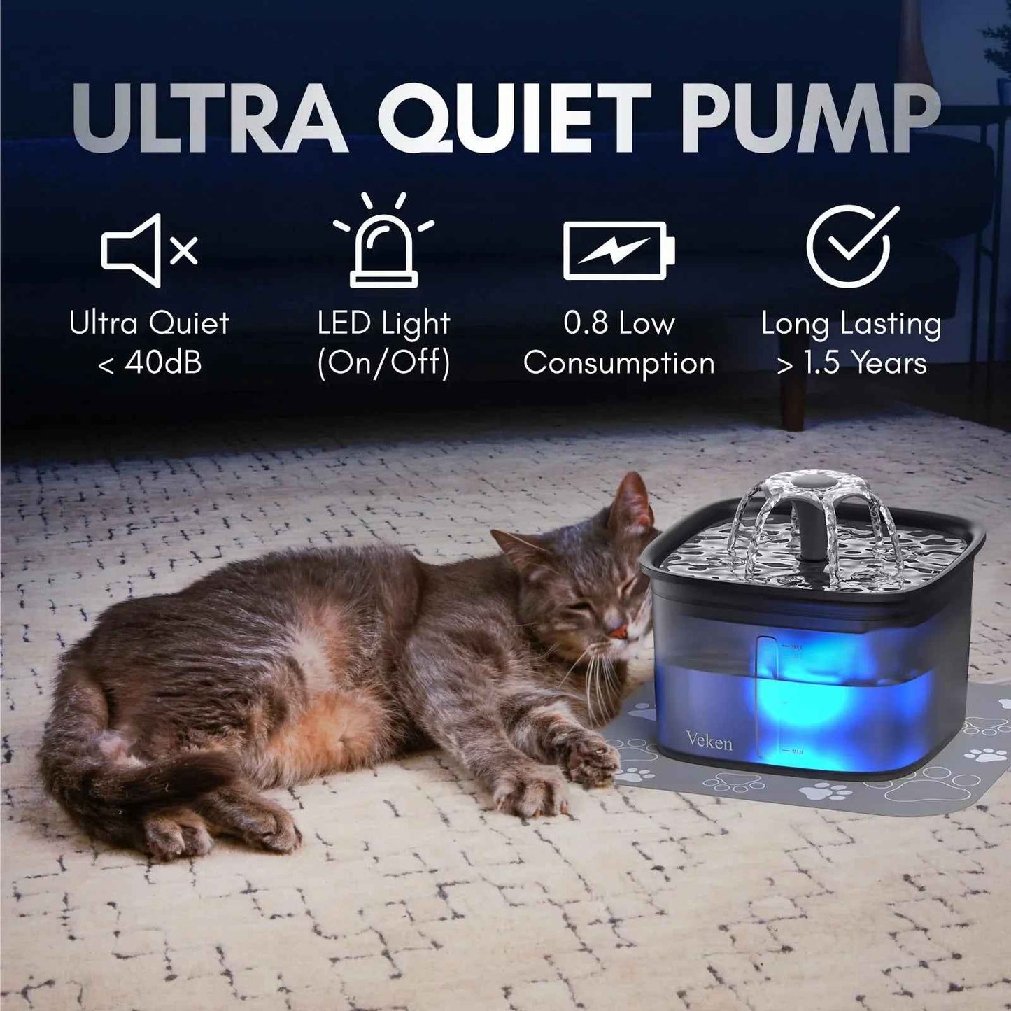 Veken Innovation Award Winner 95oz/2.8L Pet Fountain, Automatic Cat Water Fountain Dog Water Dispenser with Replacement Filters, Gifts for Christmas, Cats, Dogs, Multiple Pets (Grey, Plastic)