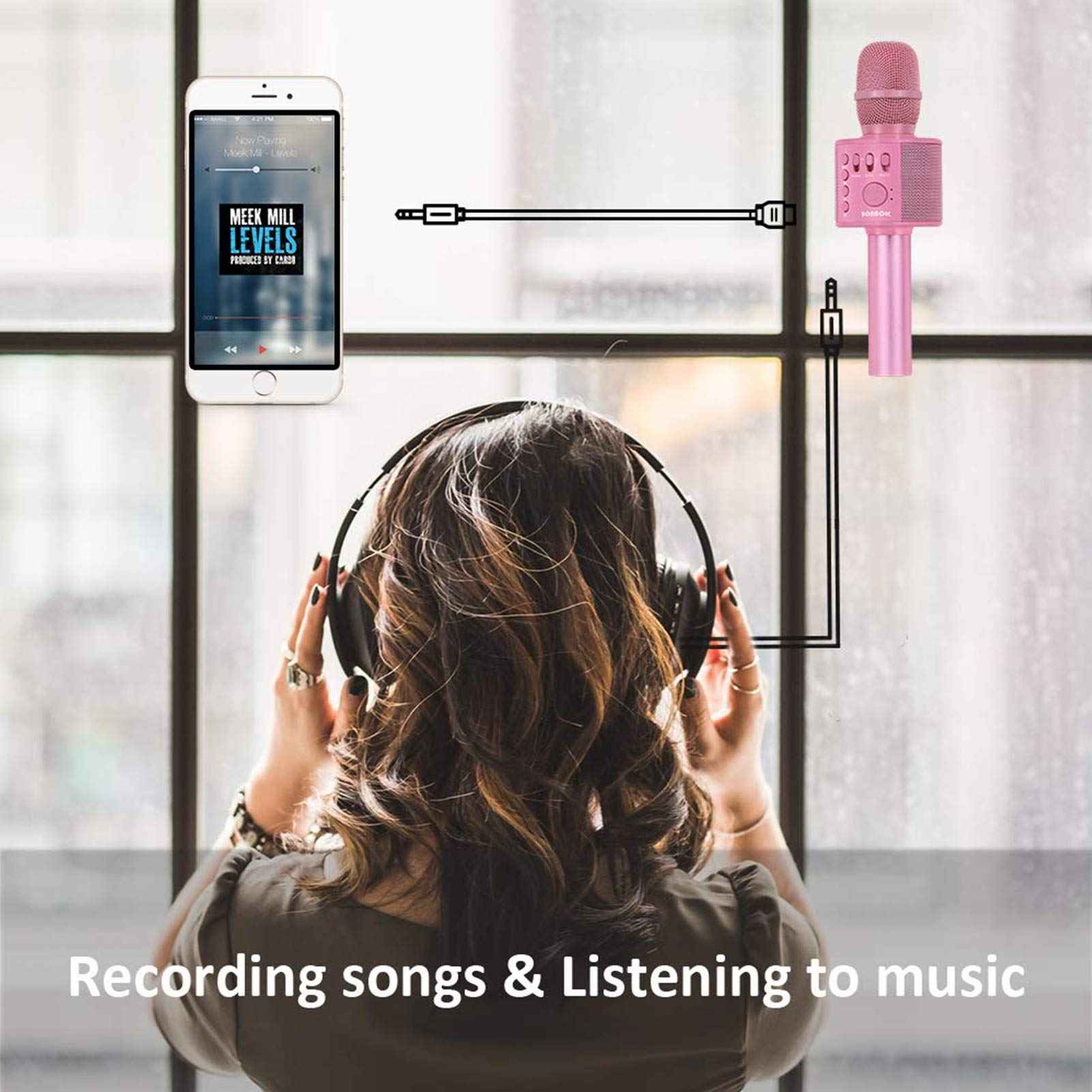 BONAOK Wireless Bluetooth Karaoke Microphone, Portable Toy Microphone for Singing, Gifts to Girls Boys Kids Adults All Age Q37（Bright Purple）