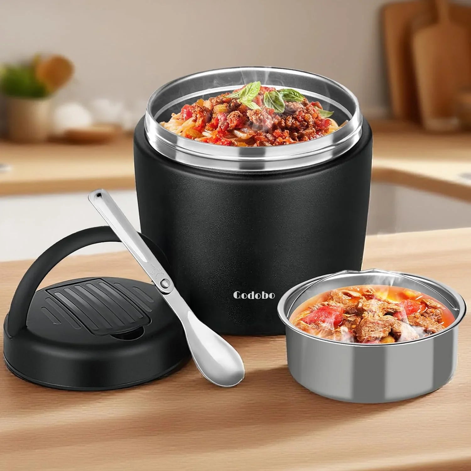 Thermo for Hot Food 40oz, Vacuum Insulated Food Jar for Adults, Stainless Steel Soup Thermo Wide Mouth Leakproof Lunch Containers with Spoon for School Office (Black) - Jlhbookstore.store