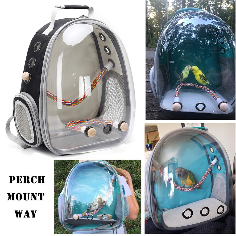 Bird Traval Carrier Cage, Clear Space Capsule Astronaut Backpack to Carry Parakeet Cockatiel Parrot with Metal Tray Wood Perch, Vet Transport School Bag