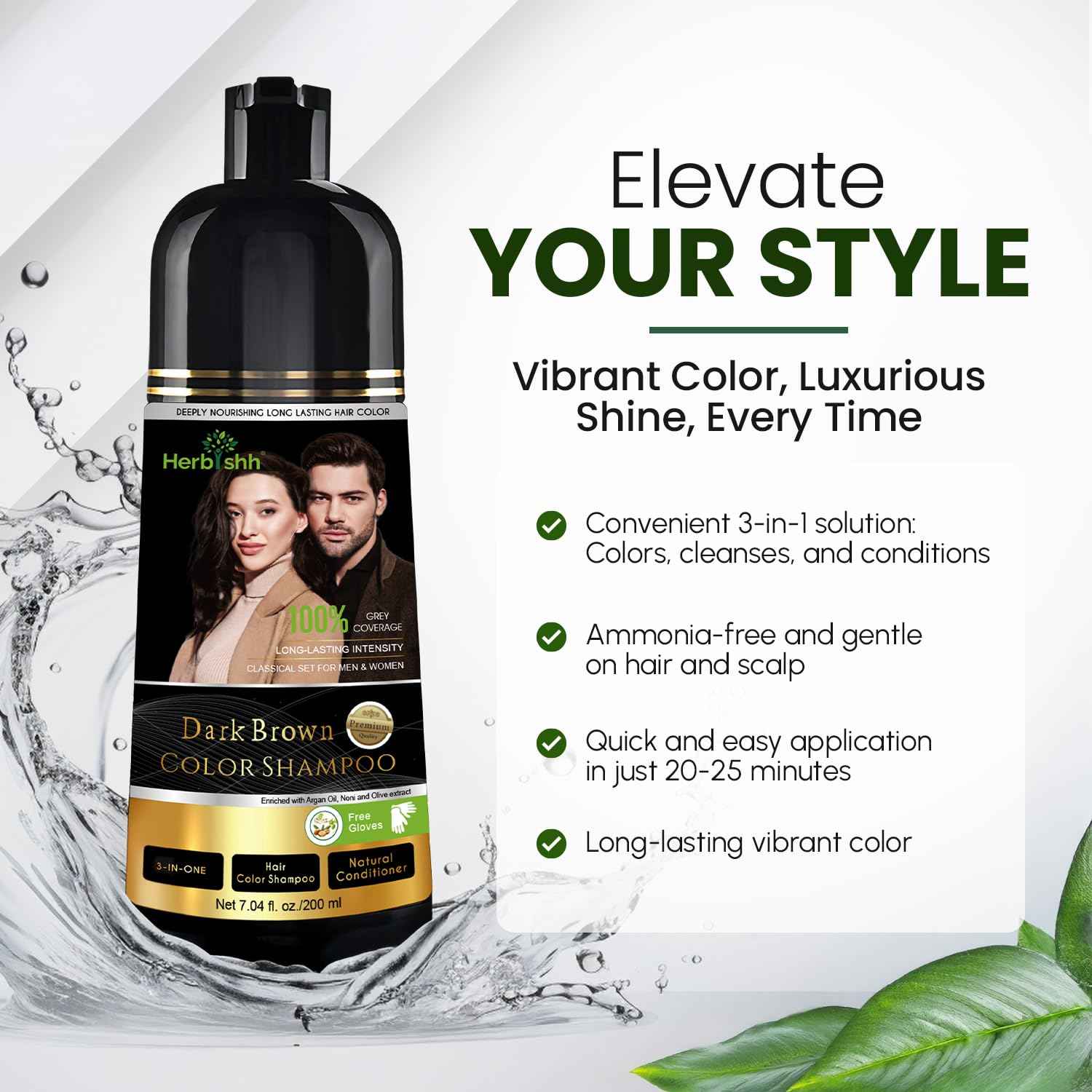 Herbishh Black Shampoo, Hair Dye Shampoo 3 in 1, 100% Grey Coverage, Demi-Permanent Hair Color for Men & Women, Long-lasting Color in 5-15 Mins, Ammonia-free, 200 ml