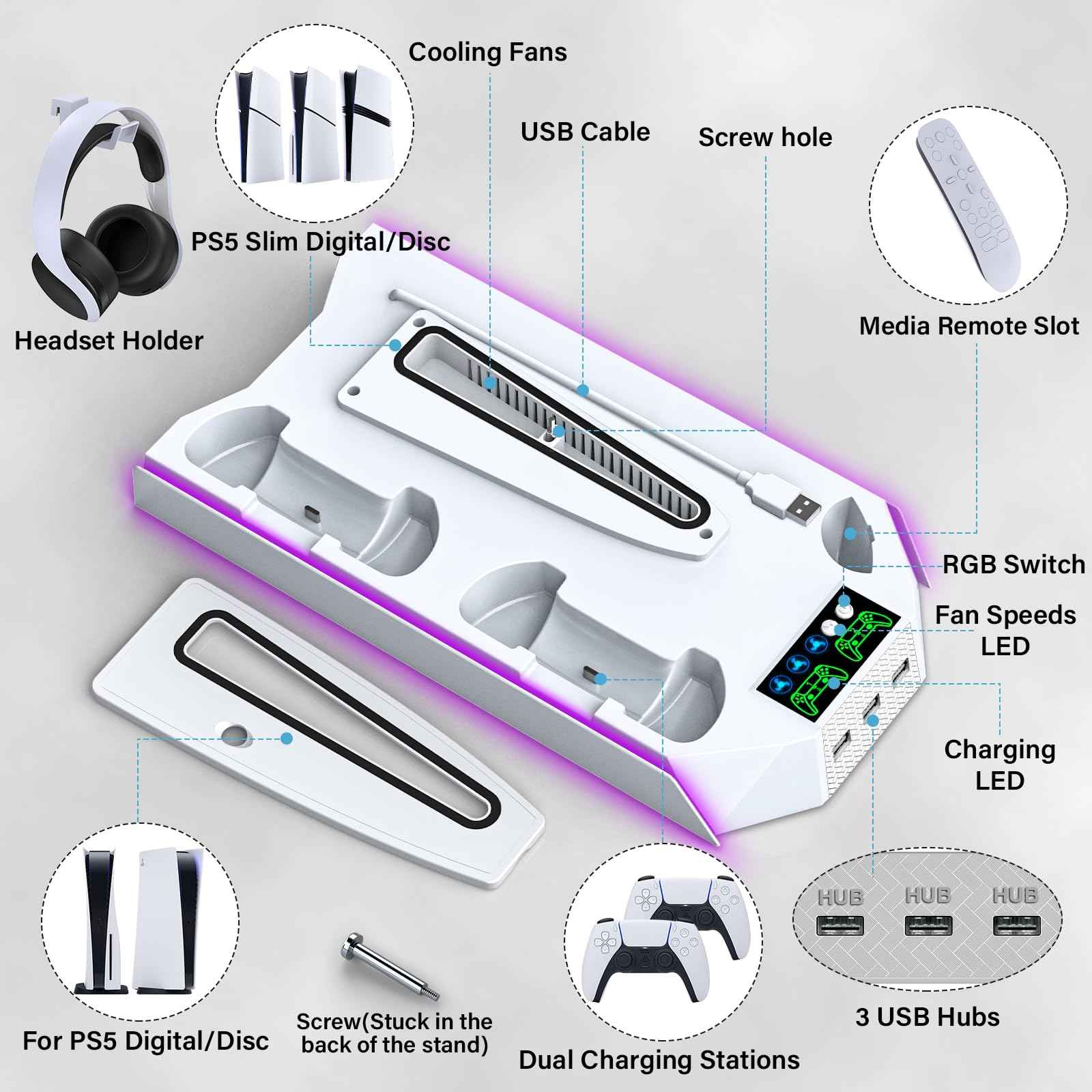 PS5/PS5 Slim/PS5 Pro Stand and Cooling Station with Dual Controller Charging Station for PlayStation 5 Console, PS5 Accessories Incl. Controller Charger, Cooling Fan, Headset Holder, 3 USB Hub, White