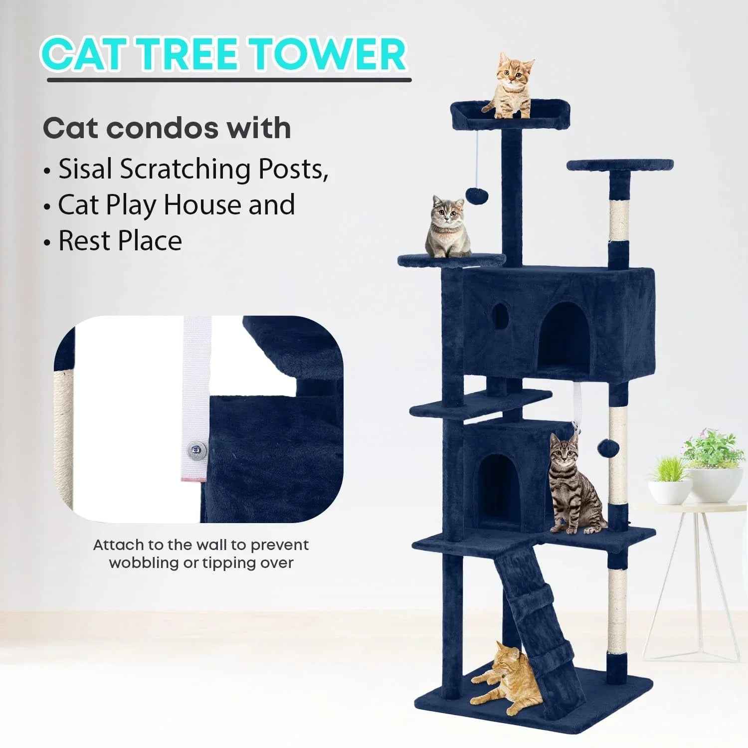 FDW Cat Tree 54in Cat Tower Multi-Level Durable Cat Scratching Post & Cozy Fun Cat Jumping Platform Space Saving Cat Condo Pet Play House for Indoor Cats,Dark Gray