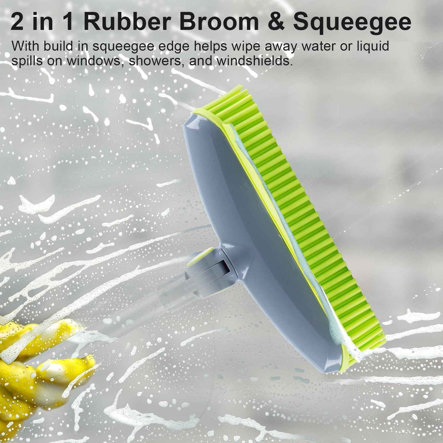 180°Rotating Rubber Broom with Squeegee for Pet Hair Removal - 50" Iron Handle Fur Remover Rake Brush for Carpet, Hardwood & Tile Floors, Includes Pet Hair Removal Gloves (Green)