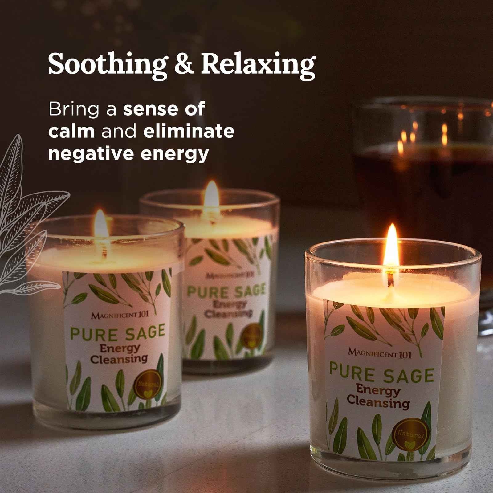 Magnificent 101 Set of 3 Long Lasting Pure Sage Smudge Candles - 42 Hour Burn, 3.5 Oz Each, Made with Soy Wax and Herb, Ideal for House Energy Cleansing, Meditation & Manifestation