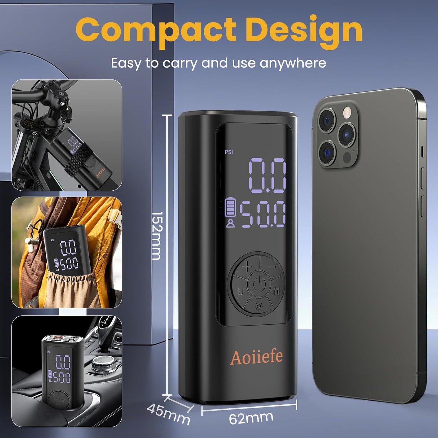 Tire Inflator Portable Air Compressor,150 PSI Mini Rechargeable Cordless Electric Air Pump with Auto-off for Car Tires,Motorcycle, Bicycle, Balls with Digital Pressure Gauge,LED Light