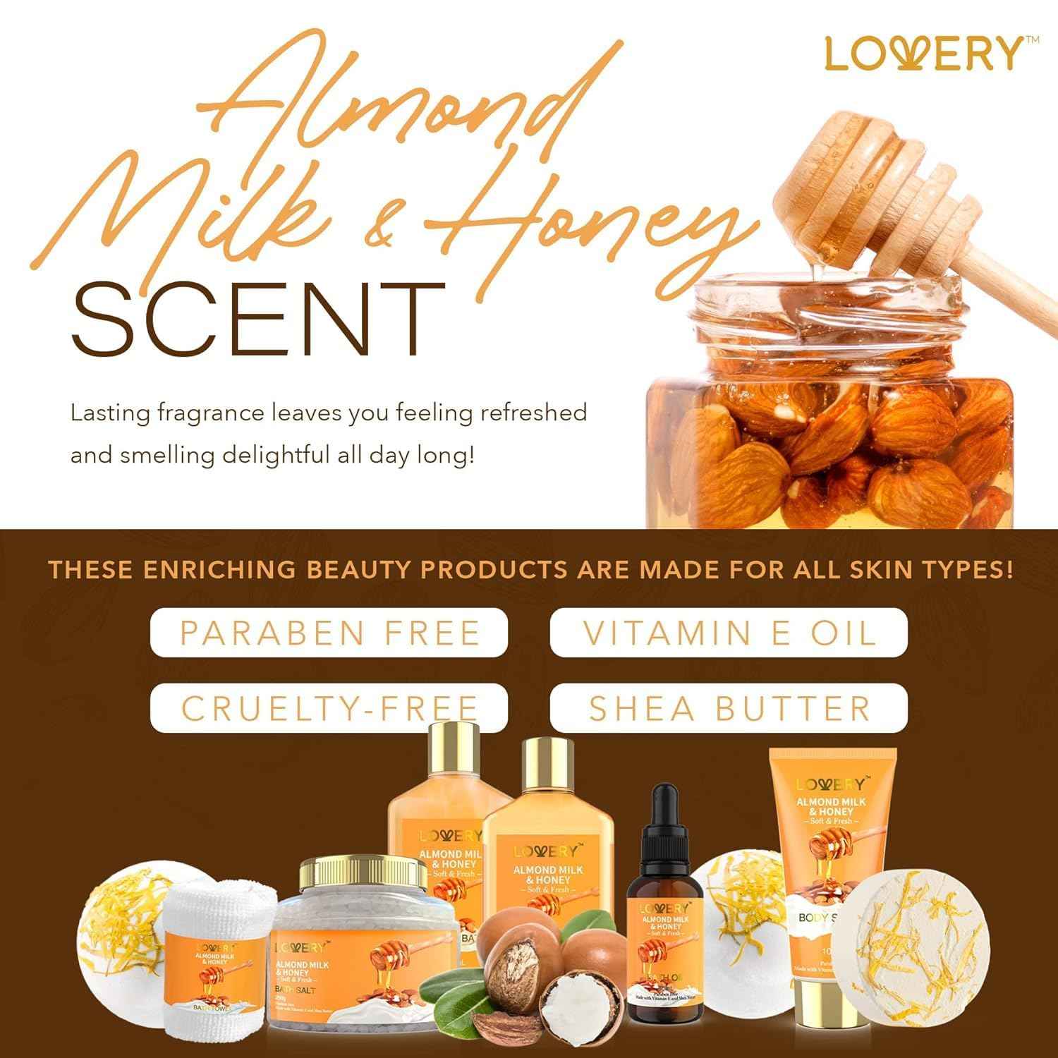 Christmas Gifts for Women Gift Basket for Women - 10 Pc Almond Milk & Honey Beauty & Personal Care Set - Home Bath Pampering Package for Relaxing - Spa Self Care Kit - Birthday, Mom, Anniversary Gift
