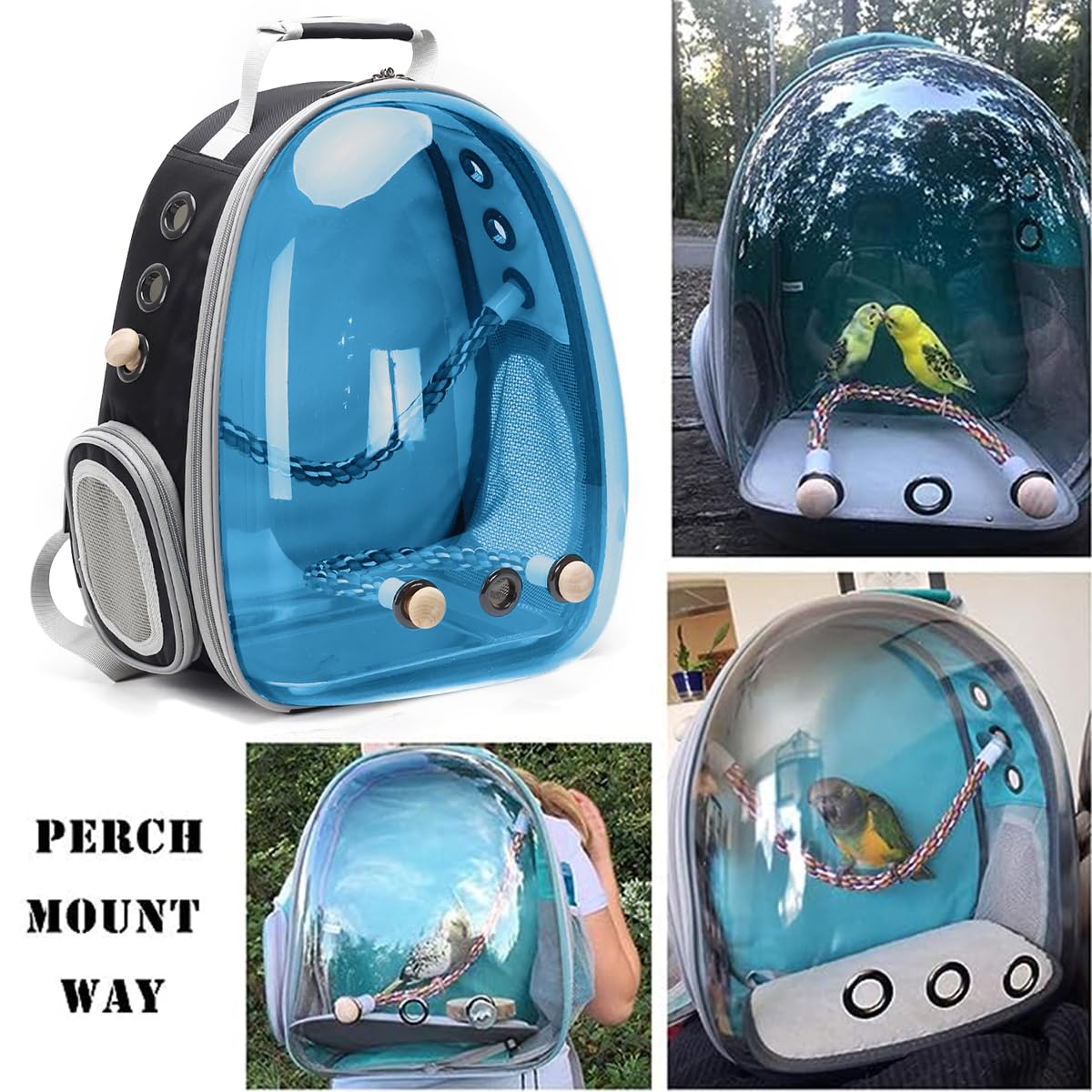 Bird Traval Carrier Cage, Clear Space Capsule Astronaut Backpack to Carry Parakeet Cockatiel Parrot with Metal Tray Wood Perch, Vet Transport School Bag