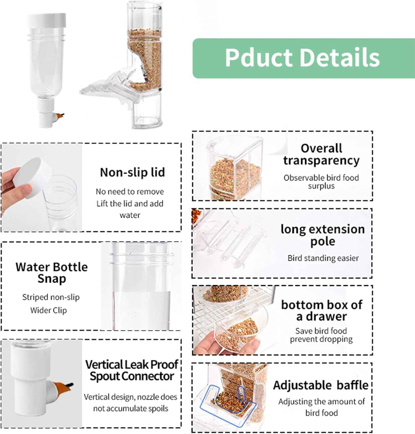 No Mess Bird Feeder & Water Dispenser Set, Automatic Parrot Seed & Water Container for Cage, Food Feeder & Drinker Parakeet Cage Accessories for Parakeets Cockatiels Finches Lovebirds Budgies Canaries