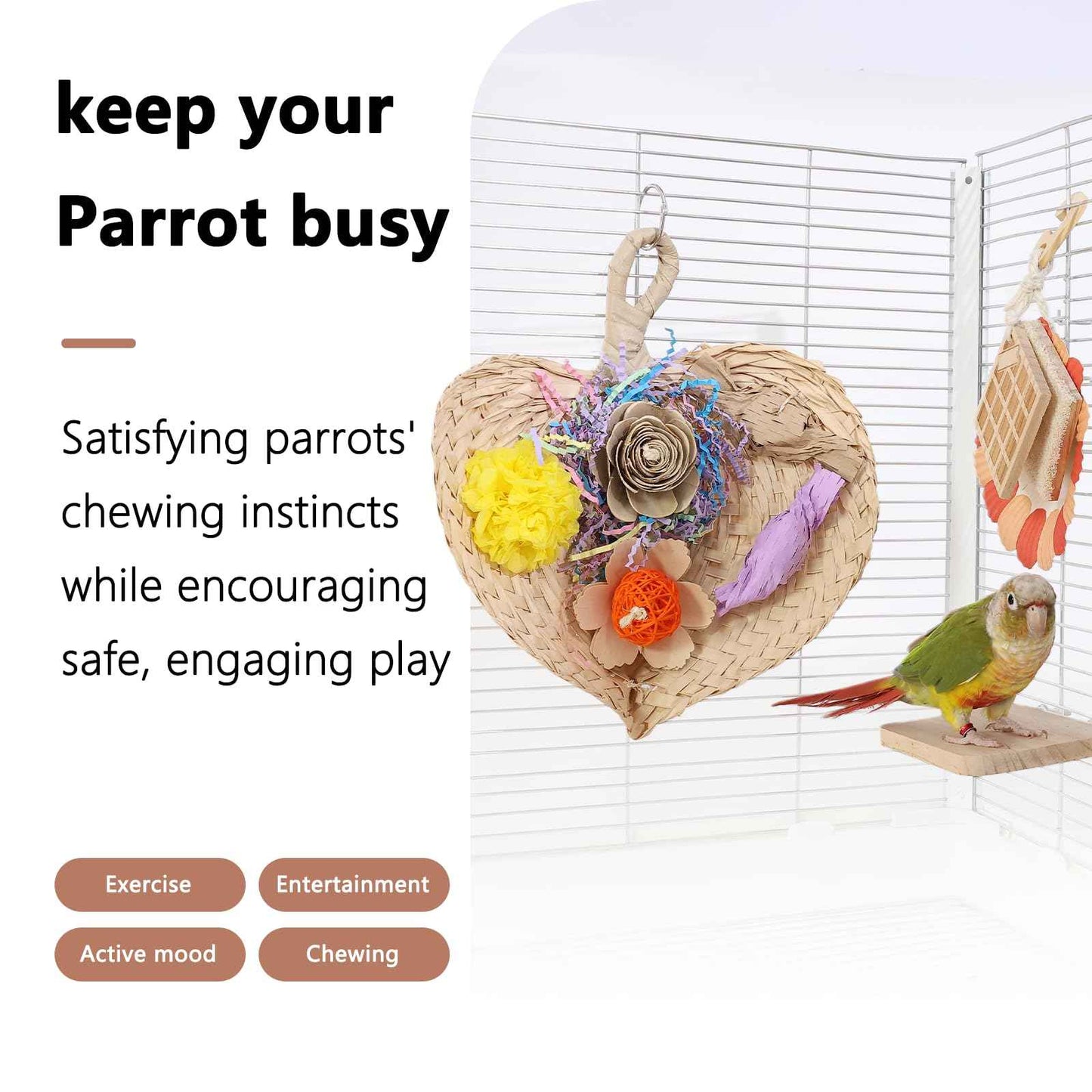 Parrot Chew Toys Set - Natural Wood & Loofah Toys with Plant-Based Dyes, 3 Pack Bird Chew Toys for Cockatiels, Conures & Small Parrots for Cage Enrichment (3 Pieces of Blue Series)