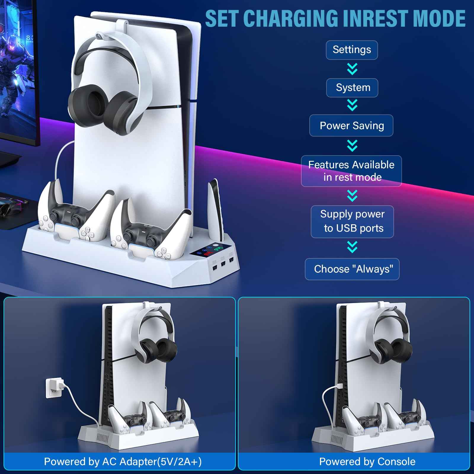 PS5/PS5 Slim/PS5 Pro Stand and Cooling Station with Dual Controller Charging Station for PlayStation 5 Console, PS5 Accessories Incl. Controller Charger, Cooling Fan, Headset Holder, 3 USB Hub, White